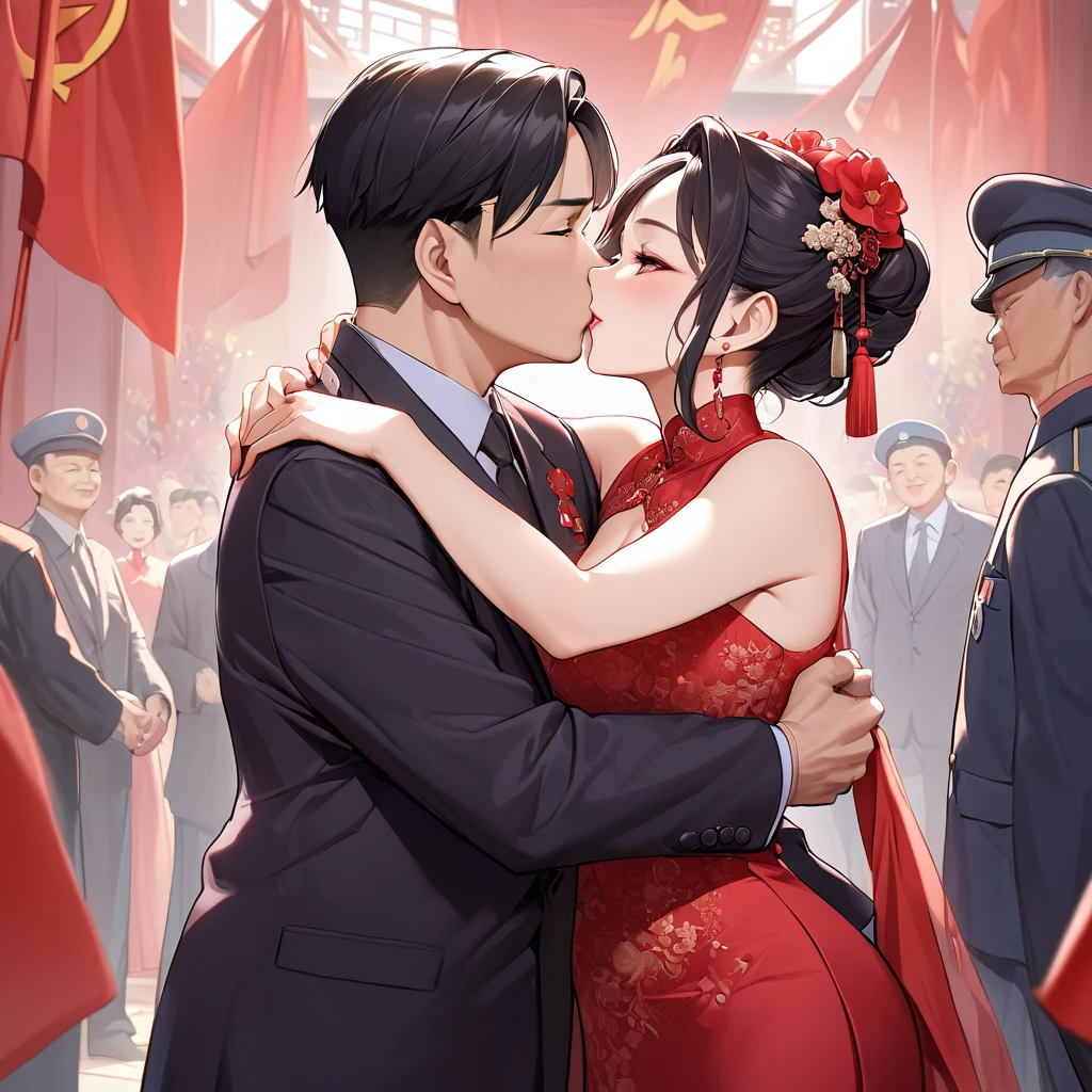 ((Highest quality)), ((masterpiece)), (detailed), (Perfect Face)、The woman is a Chinese woman named Kocho Shinobu.。, Purple gradient bob black hair and formal evening hairstyles. She is wearing an engagement ring. She is a prominent member of the Chinese Communist Party.、She is the wife of a great old Communist Party official.、The woman is beautifully dressed in a gorgeous and glamorous red wedding dress typical of the Chinese Communist Party.、She is seen in a passionate wedding ceremony with a dignified elderly Communist Party official, embracing him passionately and kissing him in a deep vow.。A loving Chinese Communist couple