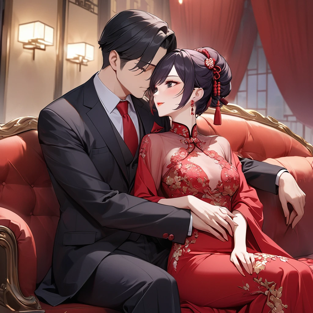 ((Highest quality)), ((masterpiece)), (detailed), (Perfect Face)、The woman is a Chinese woman named Kocho Shinobu.。, Purple gradient bob black hair and formal evening hairstyles. She is wearing an engagement ring. She is a prominent member of the Chinese Communist Party.、She is the wife of a great old Communist Party official.、The woman is beautifully dressed in a gorgeous and glamorous red wedding dress typical of the Chinese Communist Party.、A loving couple is passionately embracing and kissing the dignified elderly Communist Party official on a luxurious sofa in a luxurious room, the man groping the woman's breasts and caressing her body.。A loving Chinese Communist couple