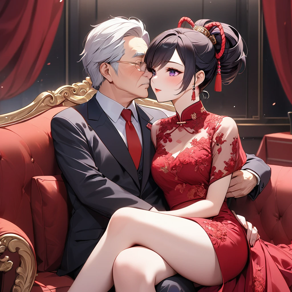 ((Highest quality)), ((masterpiece)), (detailed), (Perfect Face)、The woman is a Chinese woman named Kocho Shinobu.。, Purple gradient bob black hair and formal evening hairstyles. She is wearing an engagement ring. She is a prominent member of the Chinese Communist Party.、She is the wife of a great old Communist Party official.、The woman is beautifully dressed in a gorgeous and glamorous red wedding dress typical of the Chinese Communist Party.、A loving couple is passionately embracing and kissing the dignified elderly Communist Party official on a luxurious sofa in a luxurious room, the man groping the woman's breasts and caressing her body.。A loving Chinese Communist couple