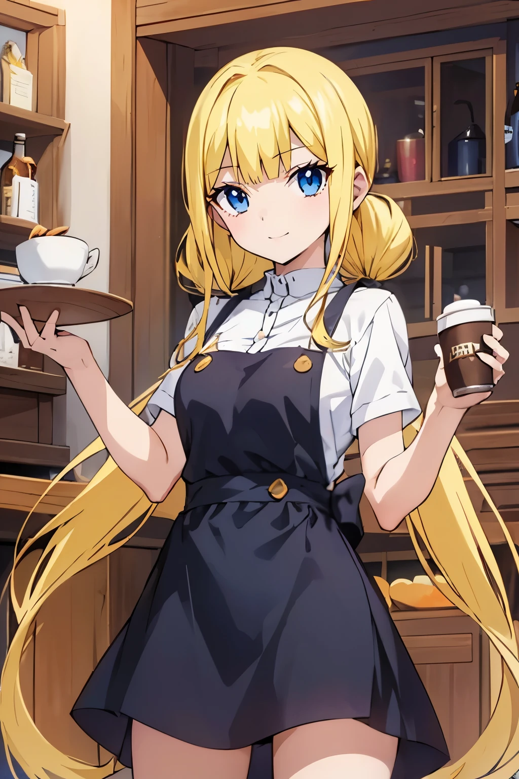 fairy_tail_style, solo, 1 girl, (young female body:1.4), (medium small breasts), golden yellow hair, extra long hair, blunt bangs, crystal blue eyes, very detailed eyes, cowboy shot, detailed eyes, barista, coffe shop, coffee, white apron, orange uniform, orange dress, happy, half pigtails