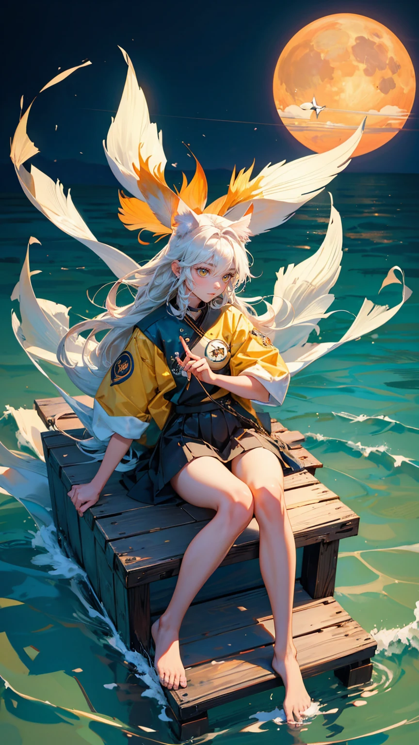 A beautiful cute girl sitting on an old wooden box fishing in the sea, surrounded by fish with "kitsune" and small rabbit logos, holding onto a big yellow sun that shines brightly over the water surface. The words 'NYC Creek' and the logo of K Executioner carp residential complex have written out words "cessionner". On each body is a badge reading "LOGY lapse version", and below it there's another text saying "Lonely ride." In front of him stands two cats playing pincignty