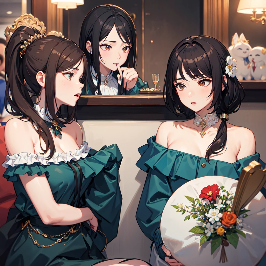 (masterpiece),(ultra-detailed), (high quality), (high resolution), (best quality:1.5, highres, UHD), highres, absurdo, ultra detail, ultra quality, (2heads:1.5), 1girl, ((long brown hair)), thighs, (vibrant green dress), single piece dress, (white gloves), seductive smile, seductive expression, seductive woman, black eyes, beautiful girl, Ultra resolution, 16k, detailed face, a two headed woman, with a large bust and fairly slim hips, sassy, flirty, mature woman, sexy beautiful woman, (cleavage), ((large breasts:1.5))