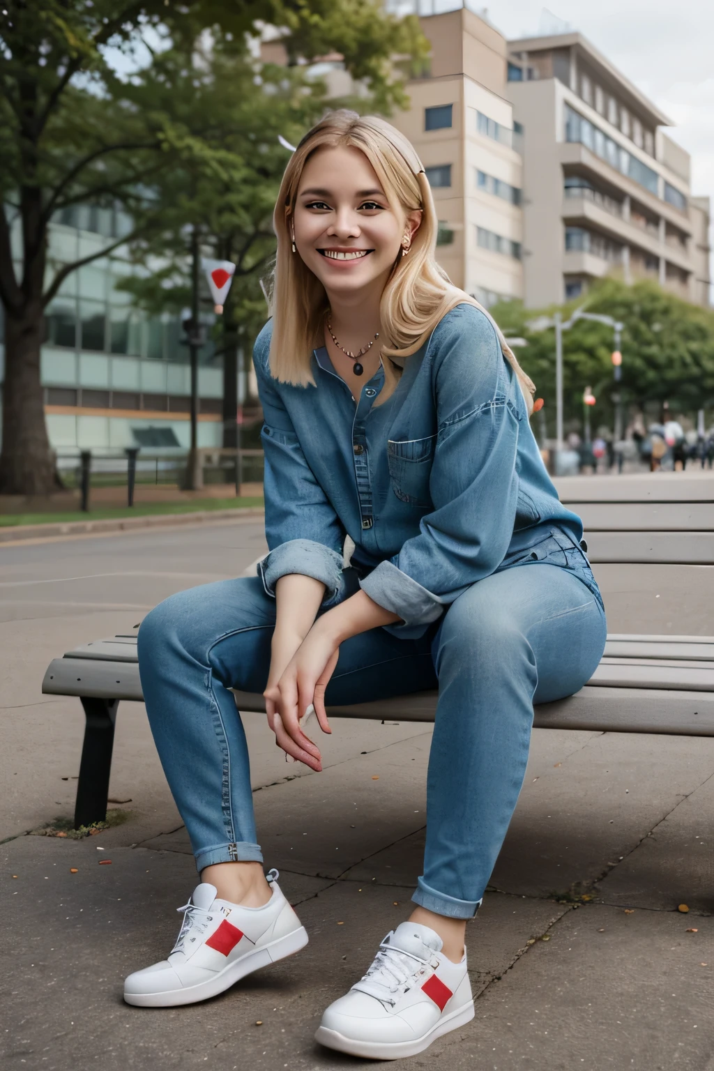 Highest quality, Woman sitting on a park bench、Full body photo、,smile、Beautiful teeth alignment、White women、耳にピアス、Blonde Hair、Dark eyeliner、、パーカー、Skinny jeans、sneakers、ear piercing、necklace, , Face Focus、The background is the building's corridor.