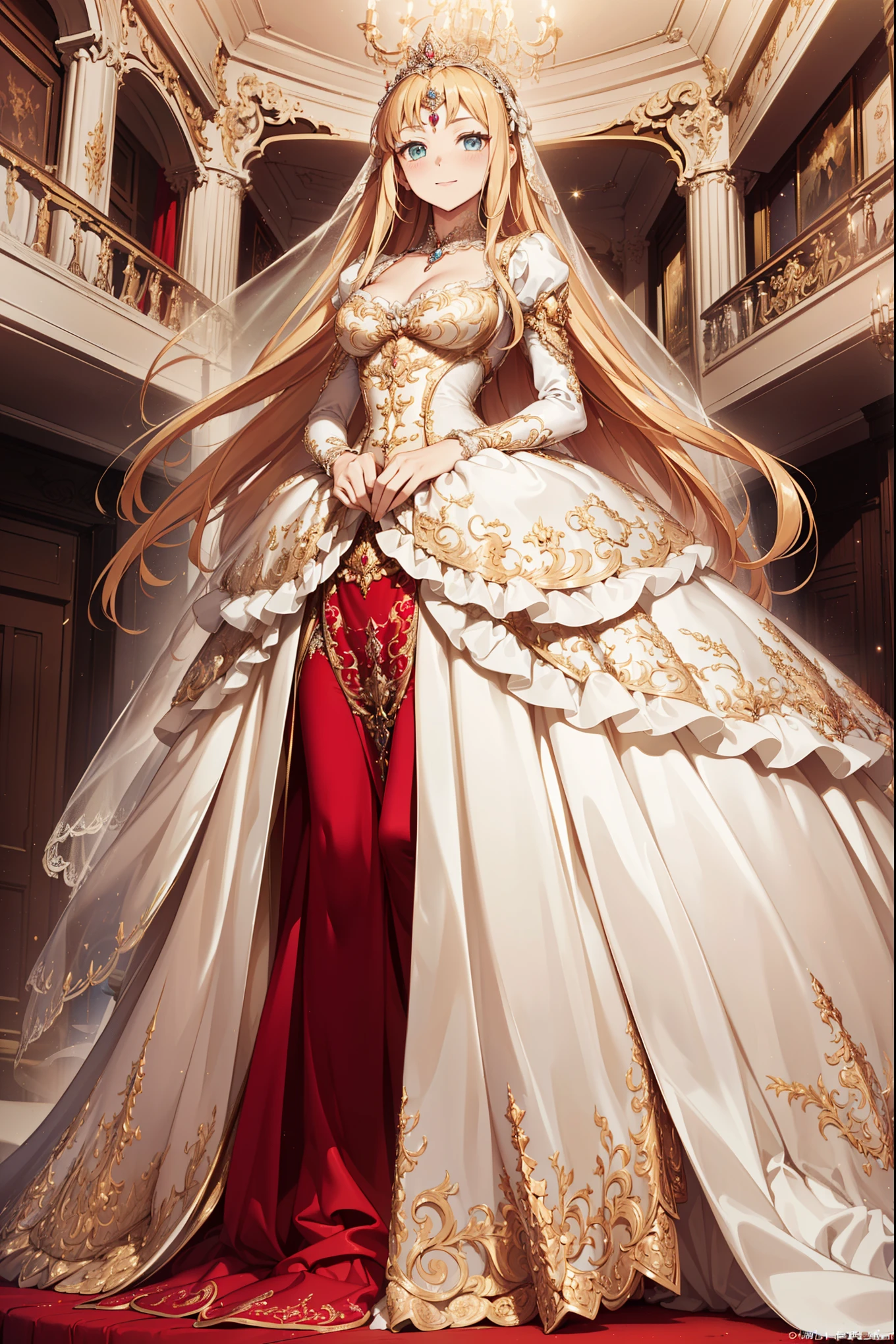 ((Anime art style)),(masterpiece),(best quality), (Super Detail),((Very delicate and beautiful)),1 girl,((Full body portrait)),Stand at the Palace of Versailles,((Solitary)),The art of math,(((1 princess in a gorgeous Rococo princess ball gown,Wear yours with a voluminous Full-length skirt))),petticoat,((Beautiful embroidery and jewellery)),Plump frills,transparent,(Gorgeous embroidery and beautiful lace),((Lots of straight hair,The hair is very voluminous,Very long straight hair)),((Exquisite face and eyes)),Extremely gorgeous hair accessories,(Bling jeweled crown),(Gorgeous gemstone jewelry,Shining gold),Long veil,(Beautiful background),Full Body Love,((Gorgeous Rococo princess ball dress,Wide, Full-length skirt))