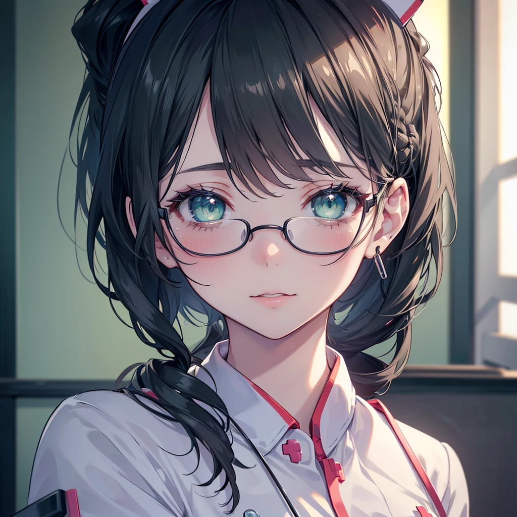 (beautiful detailed eyes, beautiful detailed lips, extremely detailed eyes and face, long eyelashes, anime girl, nurse, medical facility, green eyes, ponytail, wavy black hair, mischievous expression, looking down angle, bright and soft lighting, medical equipment in background, no hat, glasses, 1 girl, bust up, high resolution, detailed, hyperrealistic, studio lighting, ultra-detailed, masterpiece:1.2, 8k, photorealistic:1.37, sharp focus)
