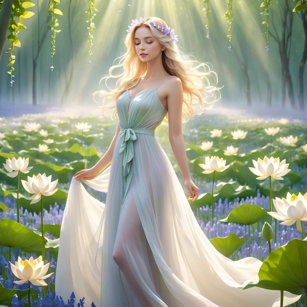 long dress to toe ,wide of many bluebell flower petals, blonde, Beautiful face, light lilac and light white tones, Esbian Full Body, White background, daylight, Efeito de Luz, Minimalistic, Solar, pure tenderness, soft lighting, Realism. beautiful woman, which (collarbone, shoulders) posing with his back standing in a beautiful pose on a super-giant lotus with double and long petals (petals made of thin,long green stem, soft gauze cloth, full background of many flowing petals, floating flower, in her hand there is one huge bright yellow lotus flower above her head, super flying petals, Smoke effect, fog, mixed with petals), lotus dress, ((ss-through)) full length. ReV Animated