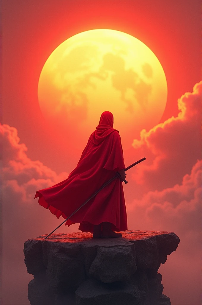 A red-clad swordsman stands on a floating roof,Behind him is a huge sun