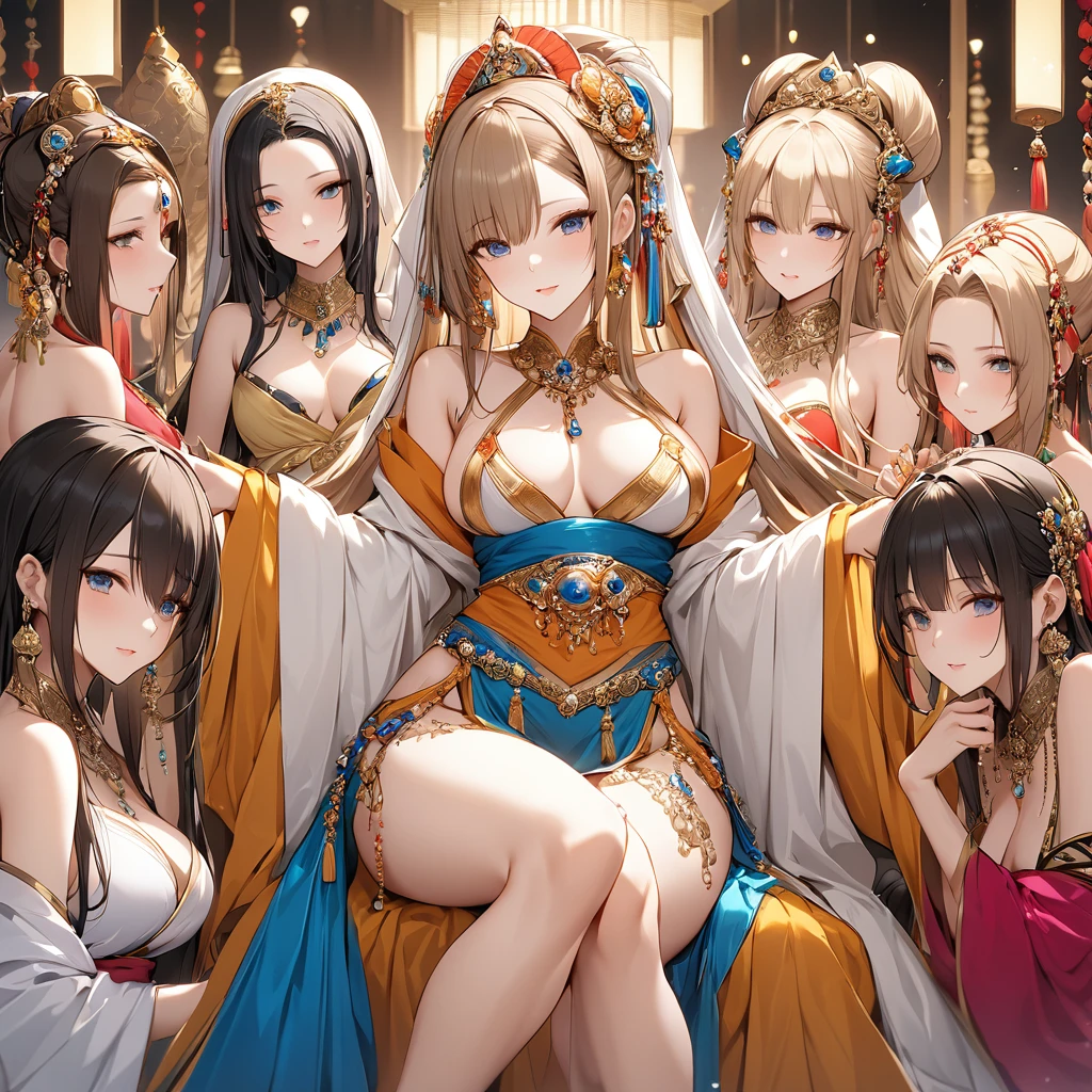 ((Highest quality)), ((masterpiece)), (detailed), （Perfect Face）、The woman is a concubine and sixth wife, Yuuki Asuna, with light brown, medium-long hair. She is a concubine to a wealthy man and a member of his harem. She is beautifully dressed in a captivating harem outfit and is lavishly adorned with many accessories.、Including women６like a person々Beautiful concubines of all races gather around the man.