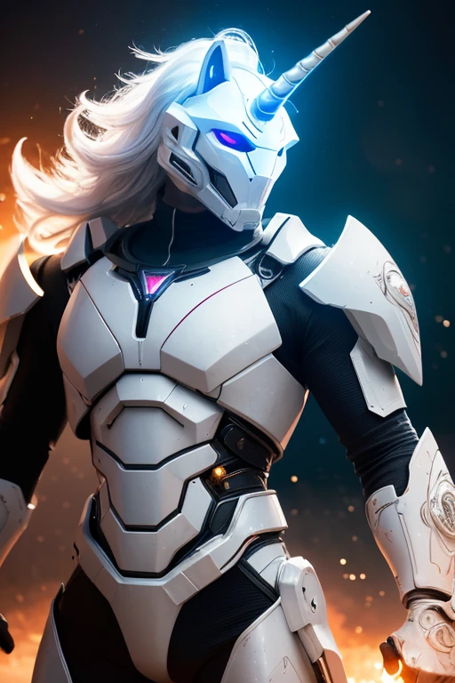 A highly detailed digital painting of a unicorn in a futuristic combat suit, sleek mechanical design, muscular body, intricate armor plates, glowing energy effects, space environment, cinematic lighting, hyper-realistic, 8K, photorealistic, concept art, intricate detail, dynamic pose, moody colors 男 バイザー White