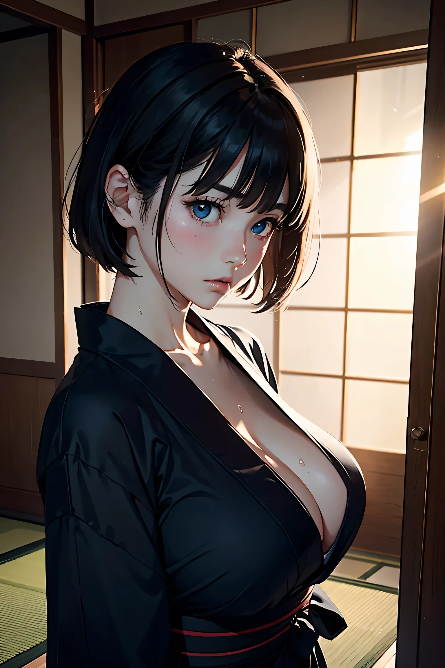 (masterpiece:1.2, Highest quality), (Realistic photos), Beautiful illustrations, (Natural side lighting, Cinema lighting),High detail、1 girl, Japanese、20-year-old female, Perfect Face, Symmetrical cute face, Glowing Skin, (Short Bob、Black Hair), Dark blue eyes, (Huge breasts:1.1),Slender build, Flowing bangs、Beautiful Hair, Beautiful Face, Fine and beautiful eyes, Beautiful body, Beautiful breasts, (Black yukata),Sad expression、Blushing、hostel、tatami、Japanese-style room、stand、(Sweating all over)