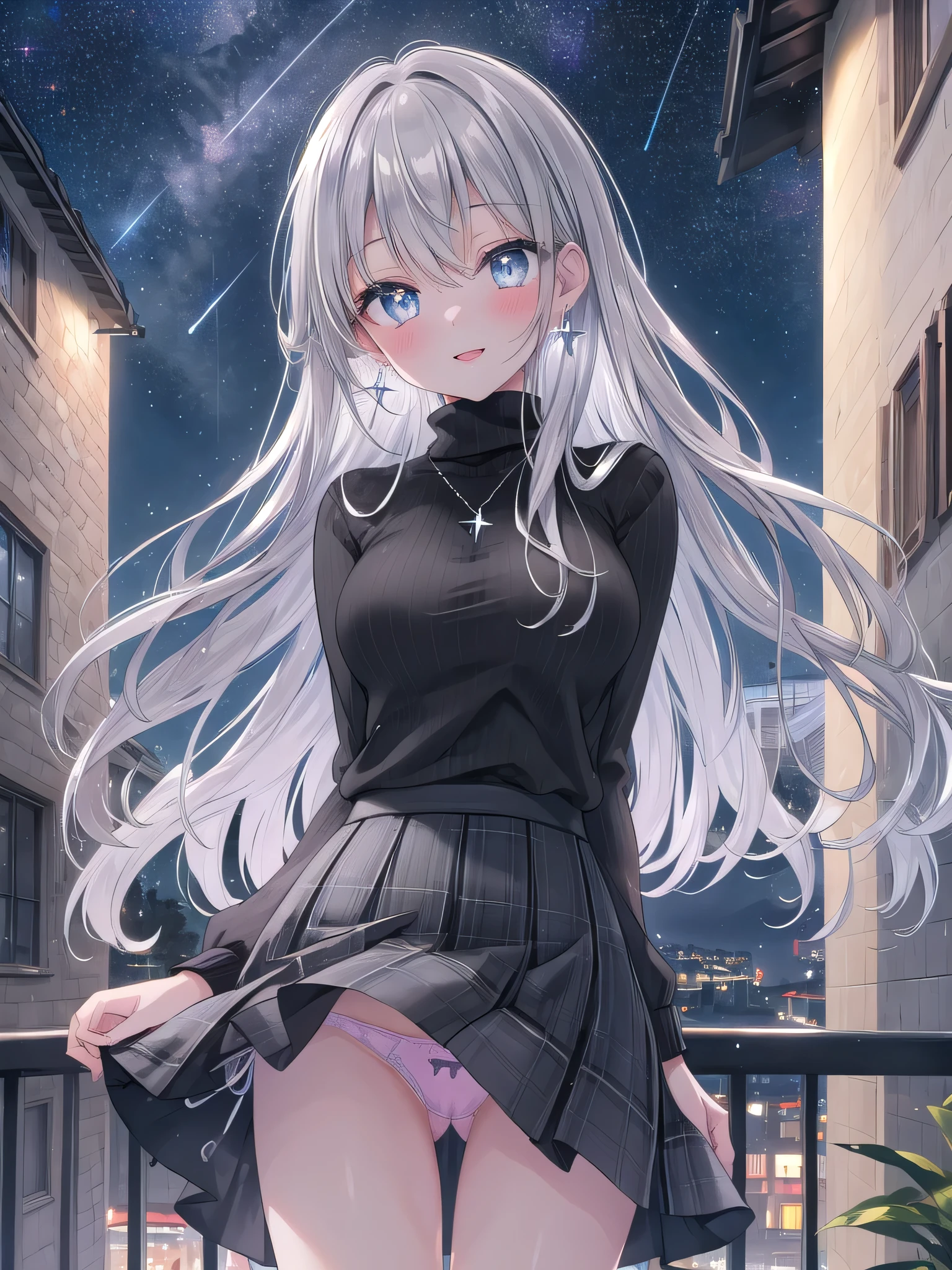 ((8K, Highest Quality, Masterpiece:1.3)), Ultra High Quality, (1 Girl, 1 Person), (Color Changing Eyes, Super Detailed, Expressive Shine, Sparkling Eyes), Highly Detailed Eyes, Highly Detailed Face, Random Hair, (Silver Gray Color), Exposed, Tight Fitting Turtleneck, Checkered Pencil Skirt, Black Pumps, Simple Watch, Silver Earrings, Red Lips, Straight Hair, ( Cute Panties:1.2), Wet Panties, (Ecstatic Expression:1.3), Standing, Angle from Below, White Skin, Balcony, (Night View, Starry Sky:1.2), Fantastic Light