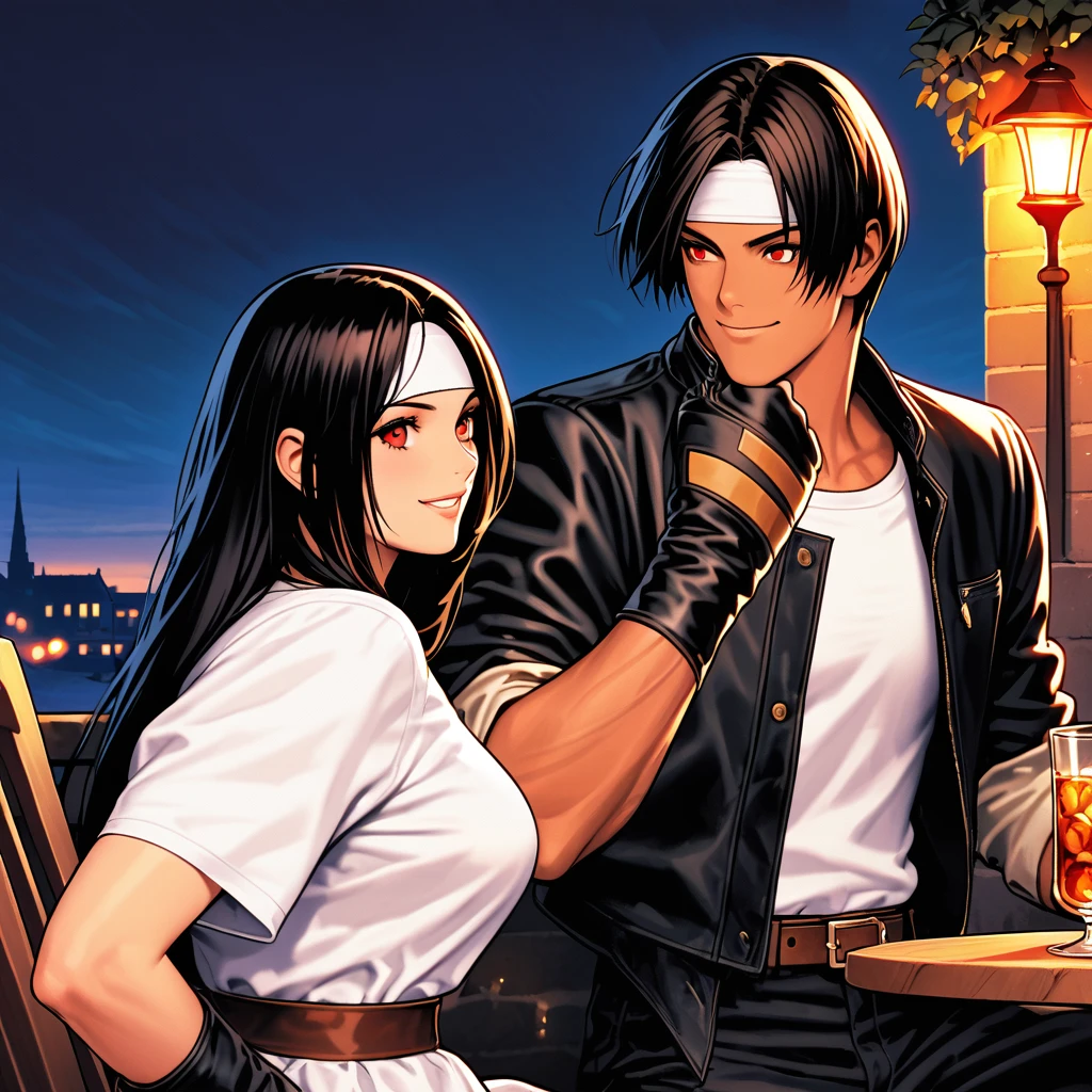Orochikyo、Dark Skin、2 people、Red eyes、Black jacket(Rolled up sleeves)、Fingerless gloves、Black Hair、White T-shirt、((White headband))、Black pants、White shoes、Brown belt、good looking、shot、Charm、masterpiece、High resolution、Detailed face、Fine grain、night、Sky、A confident smile、Lover and the Promenade des Anglais、Dining outdoors、Drinking brandy from a rocks glass、Smiling man and woman、France、Talk face to face、Sit and cross your legs