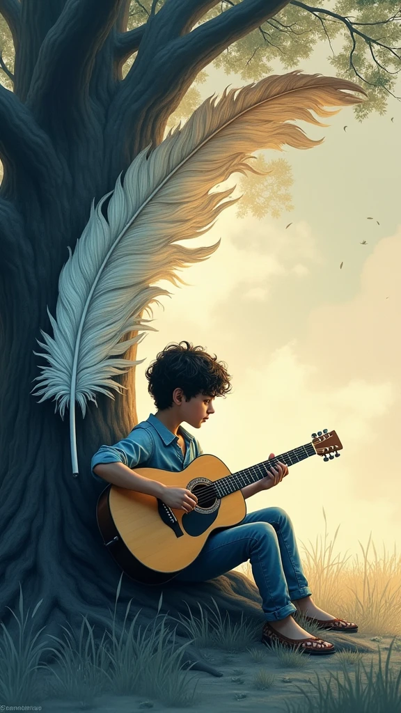 Create a cinematic, abstract symbol for a storytelling production brand based on stories and dreams called " Penamemoria". The logo should convey a fantasy theme and include the company of a boy and a feather. Fantastic, memorable, poetic, dreamy, sitting against a tree and playing guitar to a fantastic, unique, poetic white-blue-golden feather.