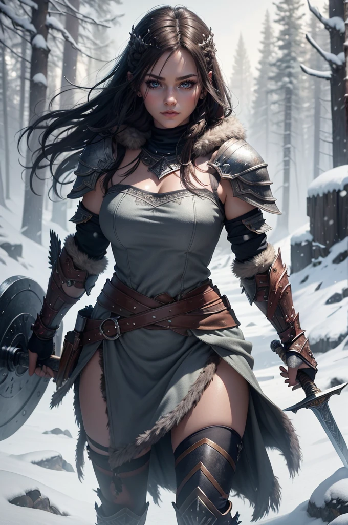 1girl, (warrior), winter clothes, (blood on face:0.8), (Norse:1.1),intricate, fur, shoulder armor, , long hair, (eyeliner:1), wind, blizzard, looking at viewer,jewelry,blue eyes ,detailed background, depth of field,glowing eyes (masterpiece, high quality:1), dual wielding,fist,Lady Knight,anatomical correct,epic fantasy digital art,tmasterpiece,8k,high-definition resolution,detailed drawing,Quality Superior,, Epic composition,masterpiece, Best Quality, detailed, Cinematics, 4k, Background with:Viking buildings built on snowy fjord cliffs, Fierce viking woman warrior wearing armor and fur coat with rune tattoos,(best quality,4k,highres),(realistic,physically-based rendering),a girl,armor:simple,winter,fur,holding a sword,serious expression,vivid colors,portrait,sharp focus,studio lighting,detail of the eyes,metal texture,cold environment,forest background,falling snow,smoke effect,(best quality,4k,highres),(realistic,physically-based rendering),a girl,armor:simple,winter,fur,holding a sword,serious expression,vivid colors,portrait,sharp focus,studio lighting,detail of the eyes,metal texture,cold environment,forest background,falling snow,smoke effect