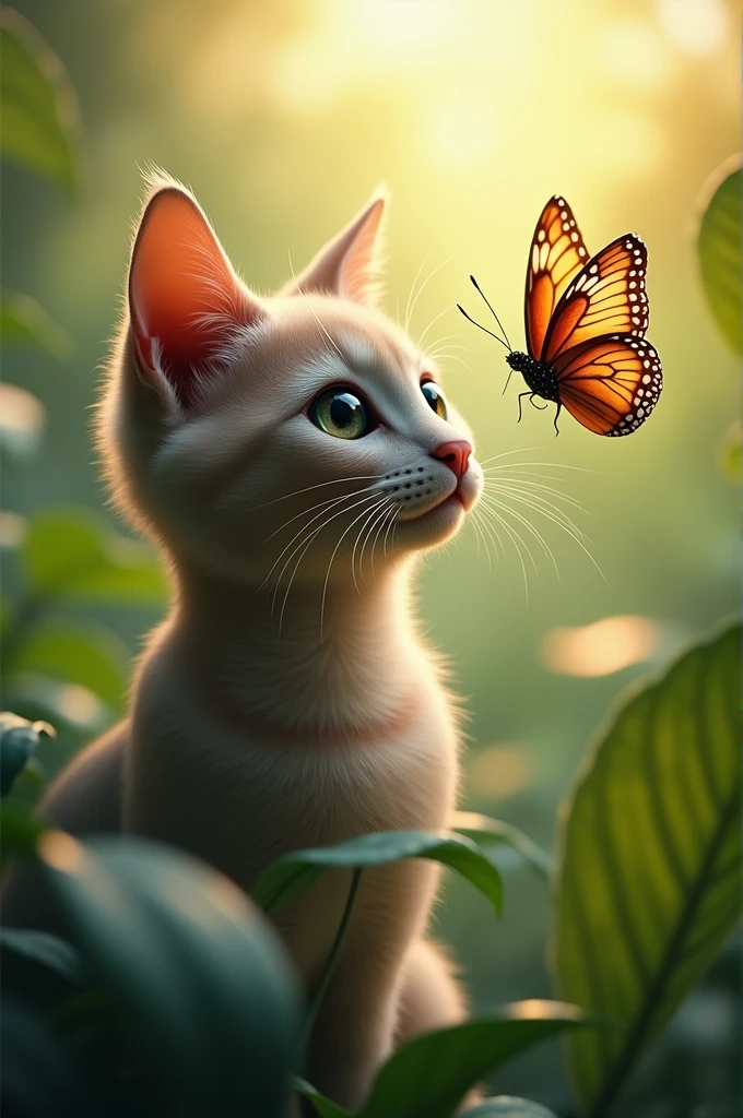 a curious cat watching a butterfly,photorealistic, highly detailed, cinematic lighting, vibrant colors, intricate details, soft focus, 8k, masterpiece, beautiful detailed eyes, beautiful detailed fur, beautiful detailed butterfly wings, natural environment, lush greenery, sunlight filtering through leaves, depth of field