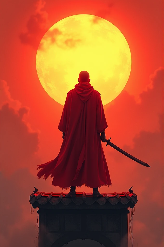 A red-clad swordsman stands on a floating roof,Behind him is a huge sun