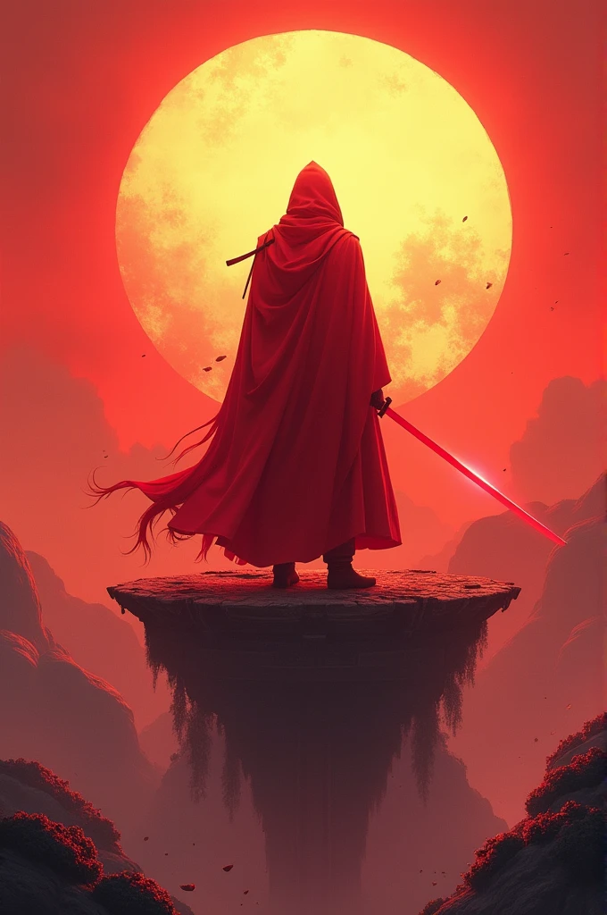 A red-clad swordsman stands on a floating roof，Behind him is a huge sun