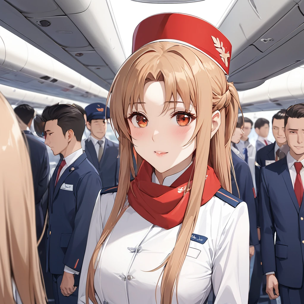 ((Highest quality)), ((masterpiece)), (detailed), (Perfect Face)、The woman is Yuuki Asuna, a flight attendant for Shandong Airlines, a Chinese woman with light brown, medium-long hair.、The woman is wearing a red Shandong Airlines flight attendant uniform, a uniform scarf and a uniform hat.、A beautiful Chinese flight attendant dressed in the typical Chinese bright red uniform、Flight attendants were photographed gathering in a line.