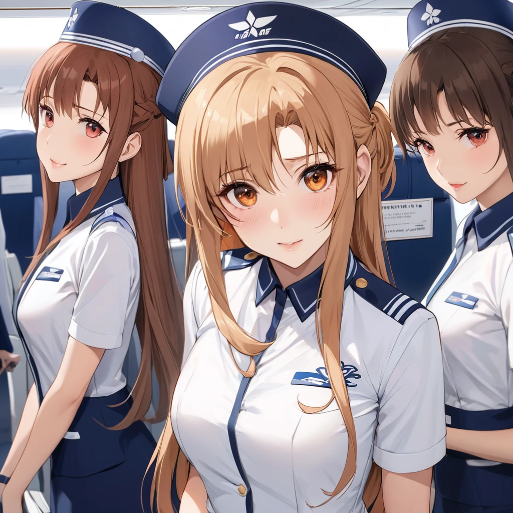 ((Highest quality)), ((masterpiece)), (detailed), (Perfect Face)、The woman is Yuuki Asuna, a flight attendant for Shandong Airlines, a Chinese woman with light brown, medium-long hair.、The woman is wearing a red Shandong Airlines flight attendant uniform, a uniform scarf and a uniform hat.