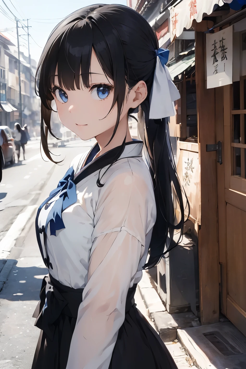 ((Top Quality)), ((Excellent)), (Details),,((Japanese)),10 years old, Black Hair,(Childish face),((Straight Hair)), shiny hair, a Girl ,Medium Breasts, ((Blue Eyes)),masterpiece,, ultra realistic, 32k, extremely detailed CG unity 8k wallpaper, best quality, soft lighting, solo, Straight Hair, blunt bangs, hair bow, hair ribbon, ribbon, ((white ao dai)), outdoors, (Vietnam street), 1girl, black bow, cate , masterpiece,ultra realistic,32k,extremely detailed CG unity 8k wallpaper, best quality, stunning environment ,vibrant colors ,