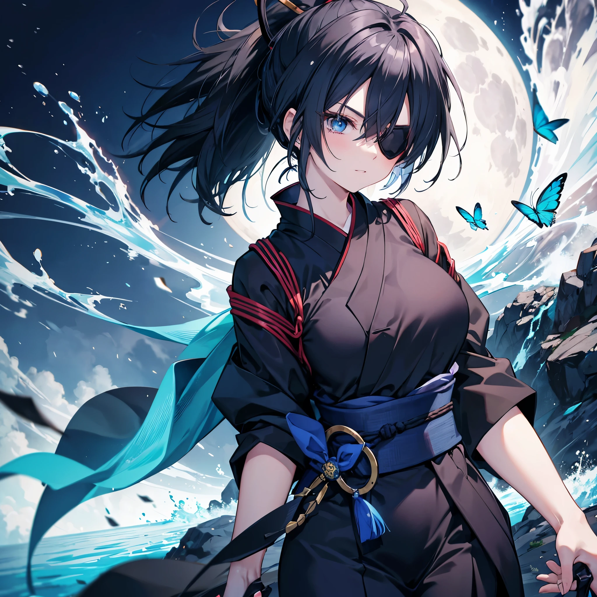 One woman,((Black kimono,Blue belt, eye patch, grown-up face)) ((The body glows,green,Saiyan Style)) blue eyes,Shine目 (Gray Hair,ponytail,Short Hair) Very elegant,Close-up of a tense face,front,Showing a little teeth Background(Japanese Garden Style,Lake Big Full Moon,Shine,Blue Blue Butterfly) Japanese anime style, very good,Shine縁