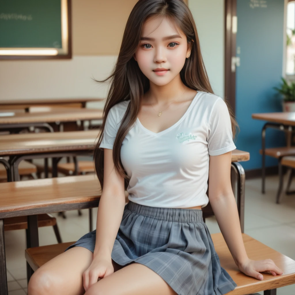 (masterpiece, highest quality:1.2), Hwa Yun Sun 1.0, 8K, young beautiful curvy filipina girl, 85mm,Official AR RAW photo, baby face、show me your ears、photo shoot, cute face, thicc thighs, After school classroom, looking at the viewer, embarrassing、smile、no makeup, film grain, chromatic aberration, sharp focus, face light, clear lighting, detailed baby face, background bokeh, clothes with short sleeves, seductive dress