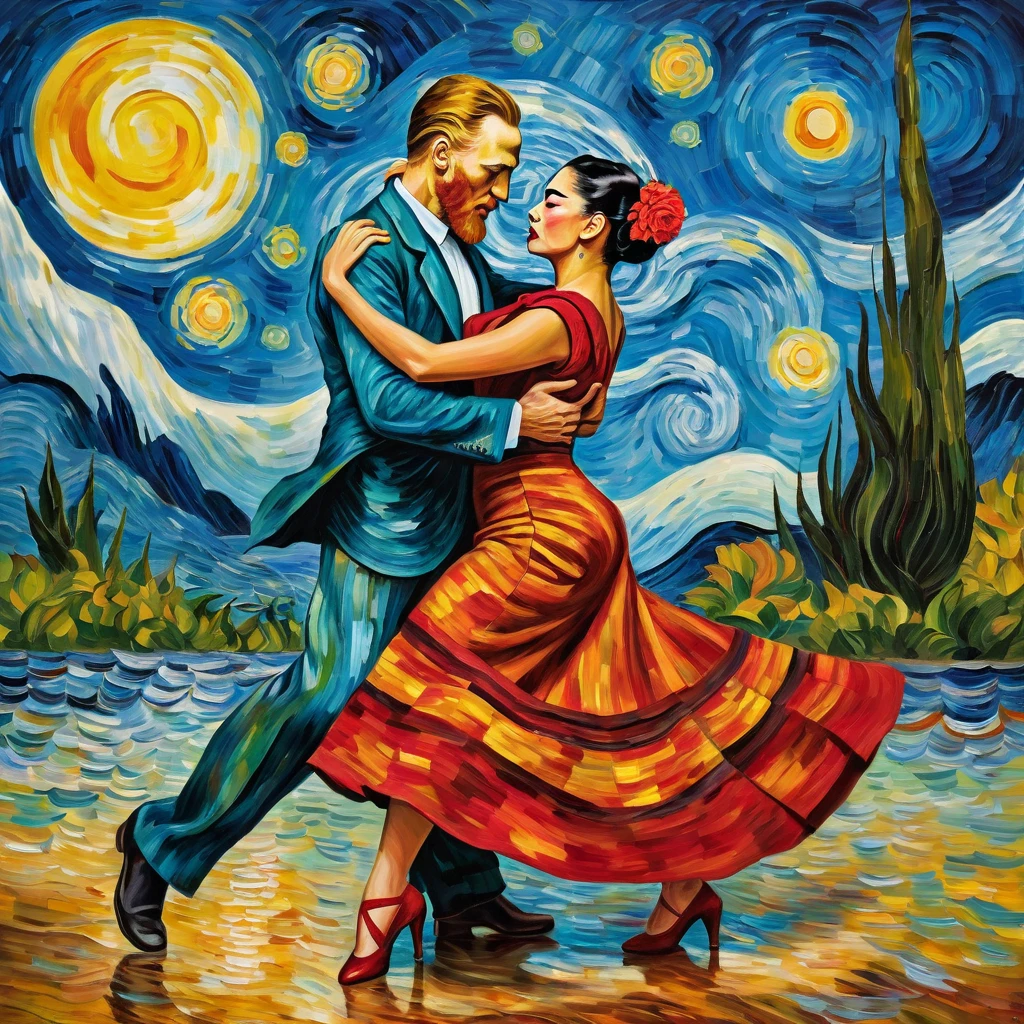 imagine a vivid and expressive oil painting where vincent van gogh and frida kahlo — two outstanding figures in the history of art — are depicted in an unexpected duo dancing the tango. this painting brings legendary artists to life in an alternate reality where historical eras and styles are intertwined, creating an impressive scene. clothing: van gogh and frida
