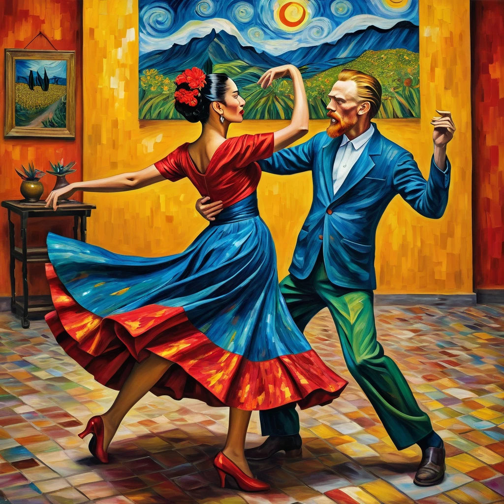 imagine a vivid and expressive oil painting where vincent van gogh and frida kahlo — two outstanding figures in the history of art — are depicted in an unexpected duo dancing the tango. this painting brings legendary artists to life in an alternate reality where historical eras and styles are intertwined, creating an impressive scene. clothing: van gogh and frida