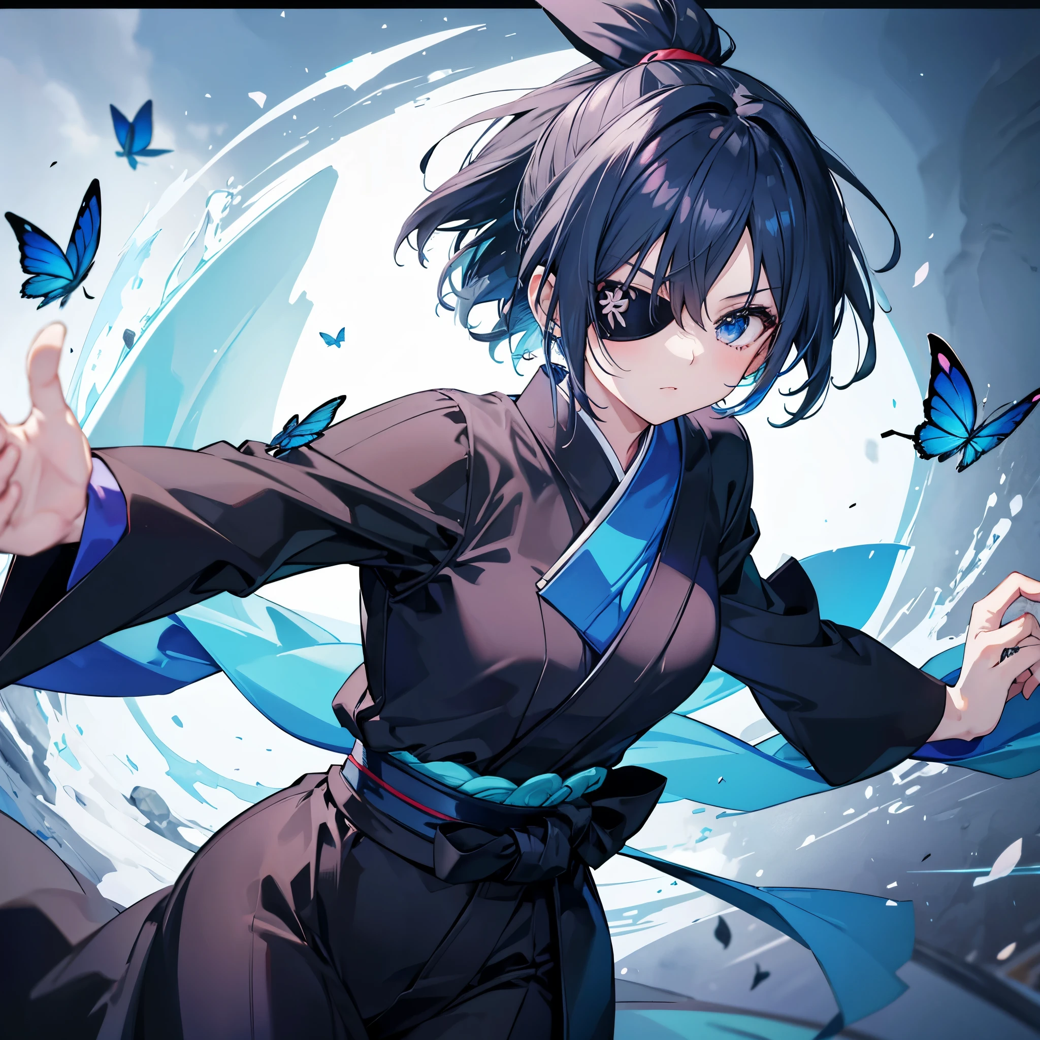 One woman,((Black kimono,Blue belt, eye patch, grown-up face)) blue eyes,Shine目 ((Blue aura,Wear on the body,Saiyan Style)) (Gray Hair,ponytail,Short Hair) Very elegant,Close-up of a tense face,front,Showing a little teeth Background(Japanese Garden Style,Lake Big Full Moon,Shine,Blue Blue Butterfly) Japanese anime style, very good,Shine縁