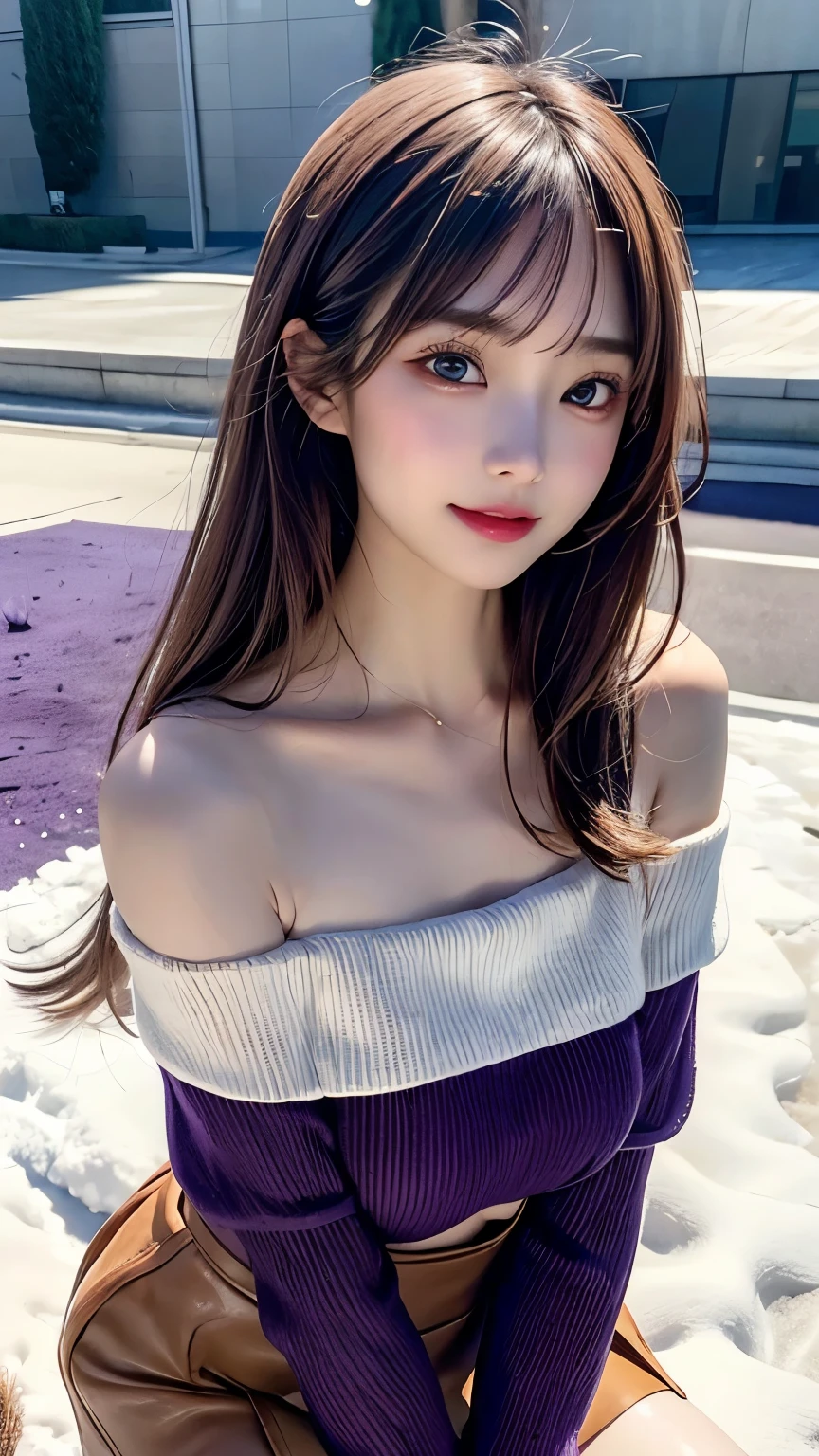 masutepiece, 超A high resolution, (Photorealistic:1.4), 8k, Raw photo, Best Quality, detailed shadow, Best Quality, amazing, finely detail, Official art, absurderes, Soft lighting, Sharp Focus, (bokeh:0.5), Light from the front, bloom, Cinematic lighting, Light on Face, (Cowboy Shot:1.5),1girl in, (huge-breasted:1), (cleavage:1), (Light brown medium hair:1.4), (bangs:1), Very cute, (narrow weist:1.8), (abs:0.7), (Teenage:1),(clavicle:1), (skinny:1.2), (Japanese face:1.2), (wide forehead:1.3), (Fair skin:1.5), (Transparent skin:1.5),(Japanese ido:1.5), (kawaii:1.5), ((Purple:1.3)Off-shoulder knit sweater:1.5), (Black tights:1.3), ((Light brown)Mini skirt:1.5), (Laugh:1.6),(snow field:1.5), (Be in the spotlight:1.5), (horizon:1.3), Winters,Photorealistic,length hair、thick lip、with round face