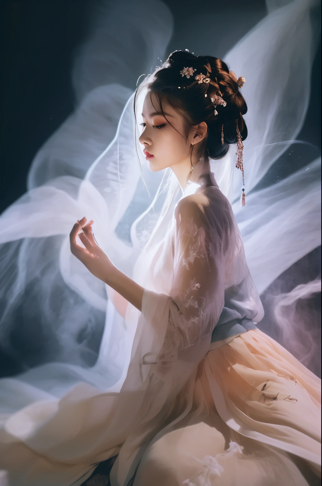 Double exposure style, Volumetric Lighting, Girl in tulle skirt,Head tilt,Traditional clothing,Artistic calligraphy and ink,, light depth, Dramatic atmospheric lighting, Volumetric Lighting, Ghosting effect, Image combination, Double exposure style