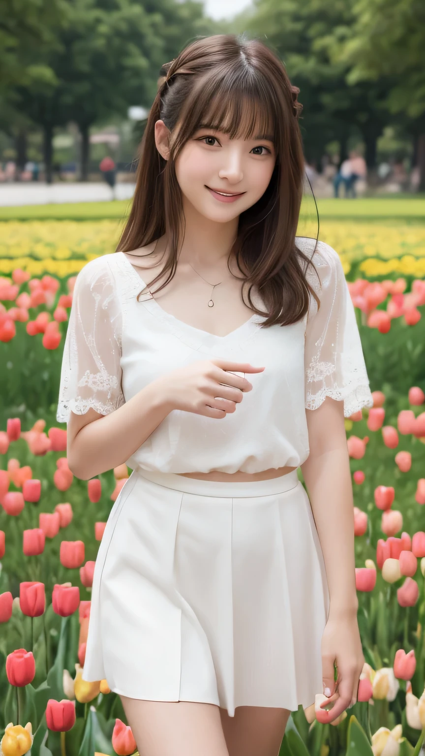 Best image quality (8k, High resolution, masterpiece: 1.2), Very detailed, Random Hairstyles, 26-year-old woman, 

Extraordinary beautiful girl、Cute and beautiful face details、(Dealing with the Children_v1:0.008)、


score_9, score_8_upper, score_7_upper, 
situation: A -yeld giis walking through a vast tulip field.。
clothing: In a white ruffled blouse、Floral Skirt。Sandals for your feet。
Pause: Walking while gently stroking the tulips。
Camera angle: A photo of the girl looking up through the tulips。


,Active stop temporarily ,
On her side、The thunder danced。
Focus on the upper waist


, Random cute poses ,Big eyes ,Puffy eyes ,  Heart pupil, blush  , Big shy smile , salute

　

