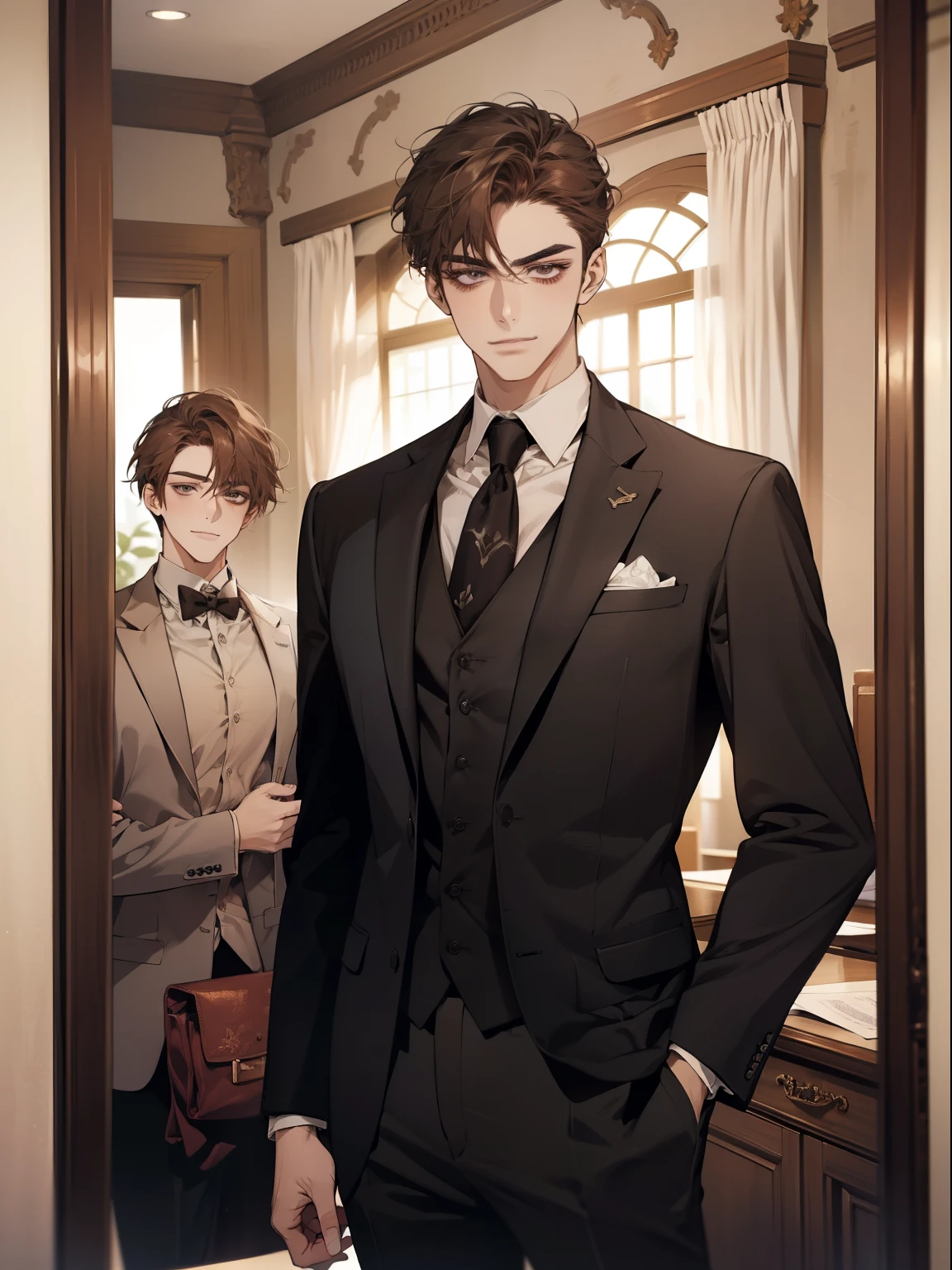 work of art, best qualityer, realisitic, 1 person, mature man, quiet and charming young man, age 25, serious look, cloused mouth, portraite, extreme detailed face, cold smile, ((dark gray eyes)), ((Straight Sweep Short Dark Brown Hair)), [thick eyebrows], ((Suit)), bonitas, lesbian full body, western, Jewish, light brown skin,Stand in front of the mirror，Organize your clothes