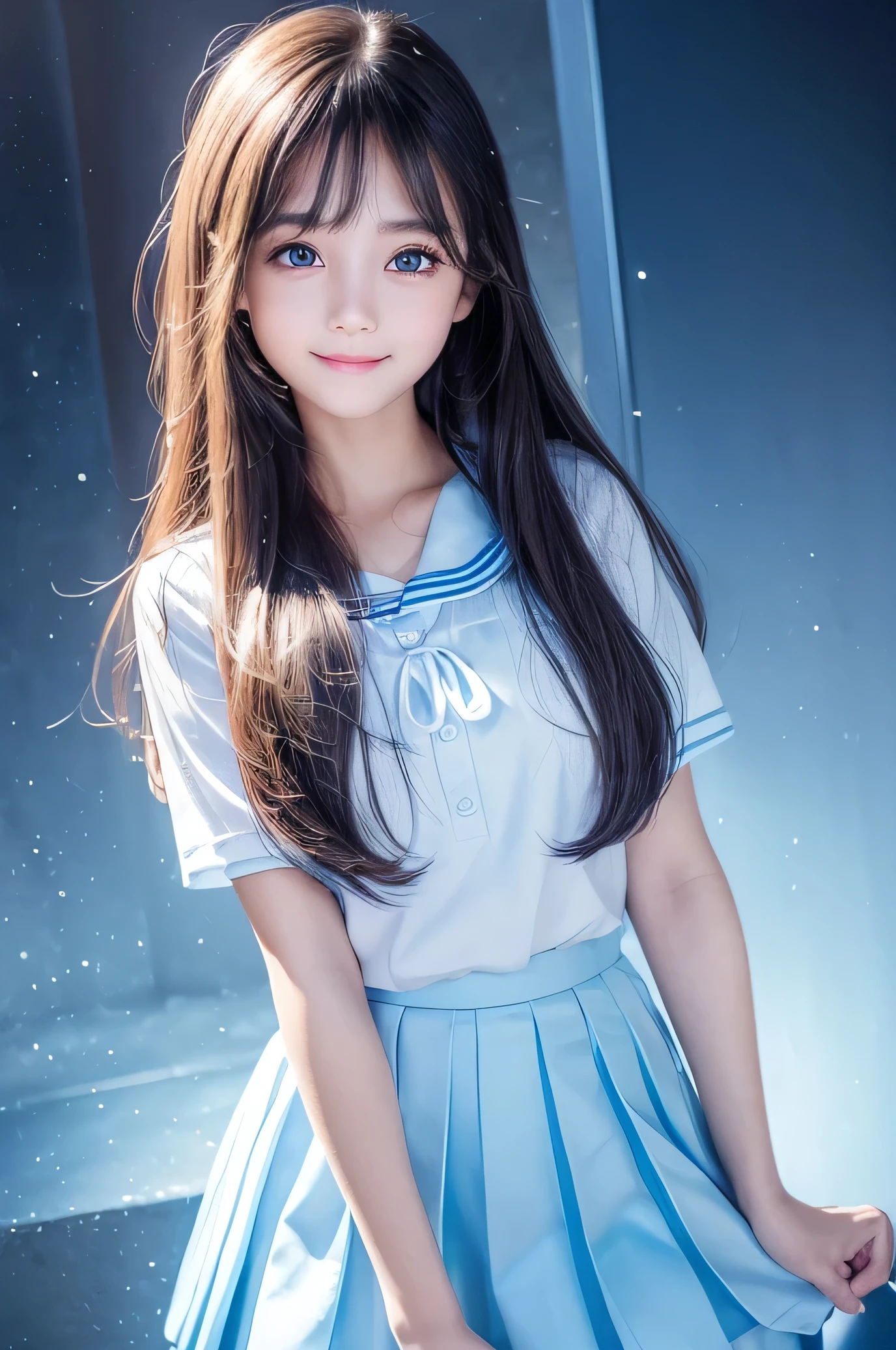 (Very beautiful cute girl), (very cute face:1.2),11 yo, (baby face),(sparking crystal clear attractive large eyes:1.2), Beautiful detailed eyes, Detailed double eyelids, (smiling), (realistic photograph:1.1), long straight hair,super shiny light blue sailor high ,super shiny light blue pleated skirt, light blue sailor collar high