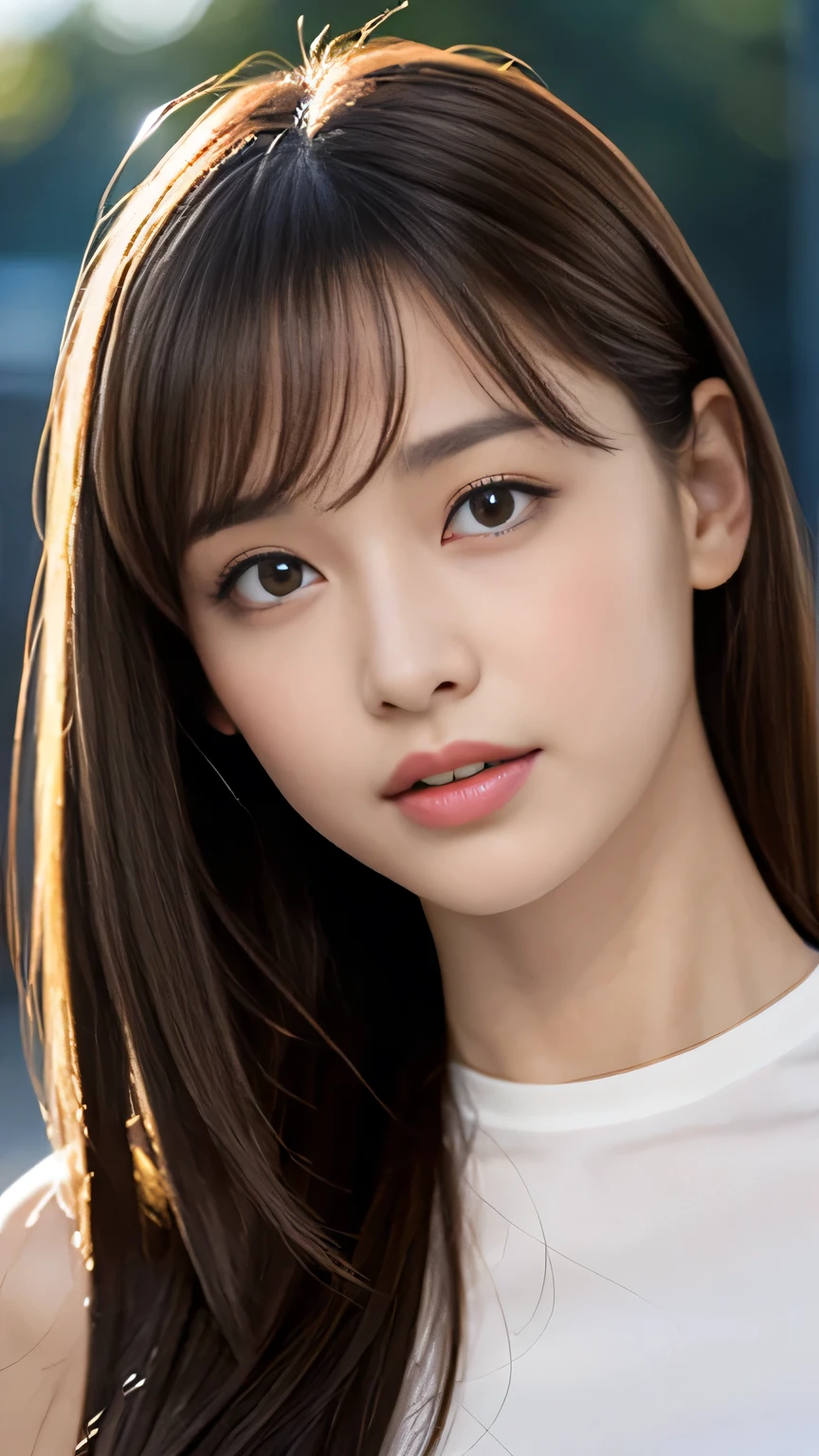1 Female, Close-up of face, Medium chest, Light brown hair, Blunt bangs, Hair behind the ear, Hair that falls over the shoulders, Long Hair, Slim figure, Ultra debtine debtace, Thin face, Delicate lips, Beautiful Eyes, Light blush, eyes are light brown, Perfect glowing skin, Perfect Skin, Shining Sweat,Have a look at this, Ultra-thin needle, Very thin fingers, The optimal ratio is four fingers to one thumb, (Realistic:1.3), See-through mock neck crop tank top in white. amusement park, First Person View, debtuji debtilm, debt/1.2, 8K, Tabletop, んdebtdebt, Super detailed, high quality, 最high quality, High resolution