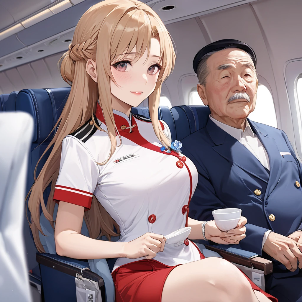 ((Highest quality)), ((masterpiece)), (detailed), (Perfect Face)、The woman is a Chinese flight attendant for Air China, named Yuuki Asuna, with light brown, medium-long hair.、The woman is wearing the red uniform of an Air China flight attendant.、The woman is a special flight attendant reserved for honorable members of the Chinese Communist Party, and is especially beautifully dressed to serve and be loved by the Communist Party members.、The woman was a first-class passenger, a dignified elderly man who was a member of the Chinese Communist Party, and was serving him with all her heart and soul.