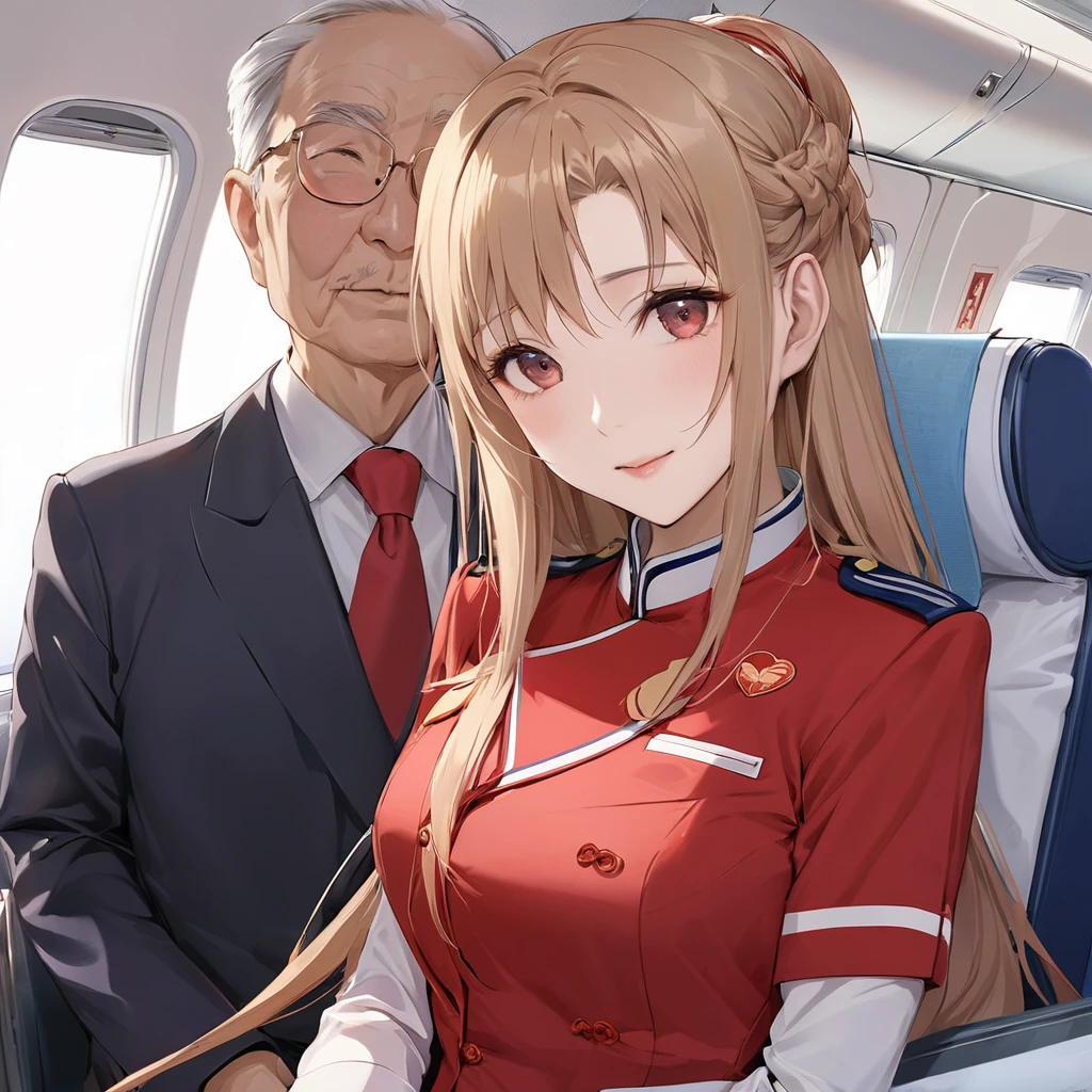 ((Highest quality)), ((masterpiece)), (detailed), (Perfect Face)、The woman is a Chinese flight attendant for Air China, named Yuuki Asuna, with light brown, medium-long hair.、The woman is wearing the red uniform of an Air China flight attendant.、The woman is a special flight attendant reserved for honorable members of the Chinese Communist Party, and is especially beautifully dressed to serve and be loved by the Communist Party members.、The woman was a first-class passenger, a dignified elderly man who was a member of the Chinese Communist Party, and was serving him with all her heart and soul.