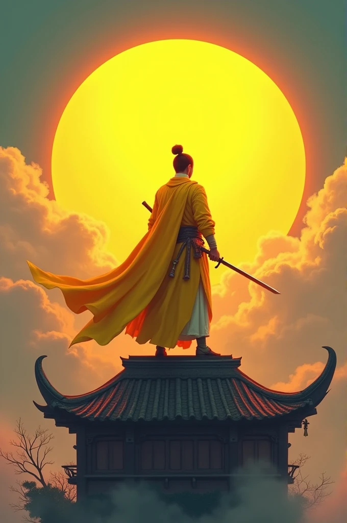 A yellow-clad swordsman stands on a floating roof,Behind him is a huge sun