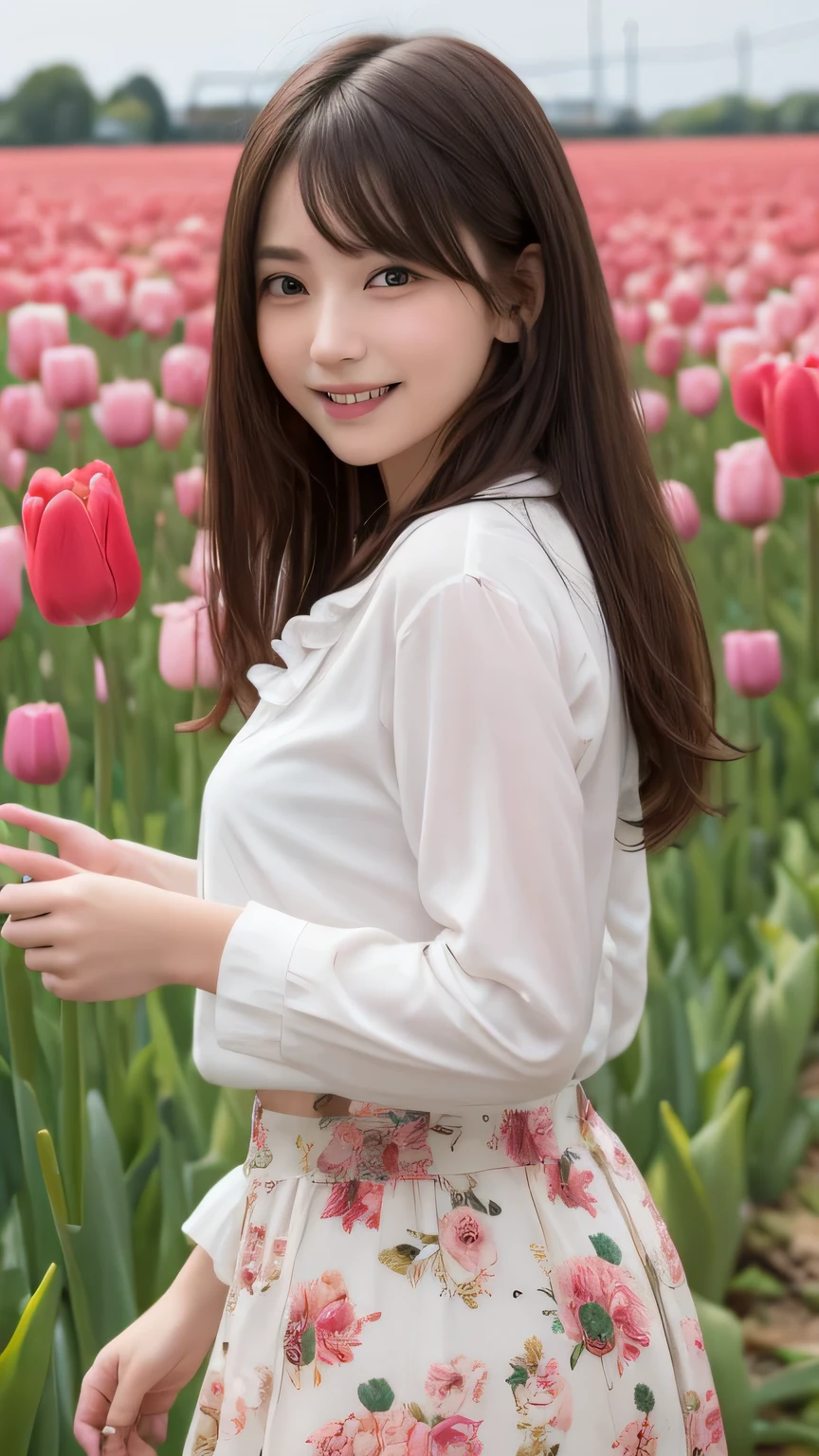 Best image quality (8k, High resolution, masterpiece: 1.2), Very detailed, Random Hairstyles, 26-year-old woman,
Extraordinary beautiful girl、Cute and beautiful face details、(Dealing with the Children_v1:0.008)、
score_9, score_8_upper, score_7_upper,
situation: A is walking through a vast tulip field.。
clothing: In a white ruffled blouse、Floral Skirt。Sandals for your feet。
Pause: Walking while gently stroking the tulips。
Camera angle: A photo of the girl looking up through the tulips。
,Active stop temporarily ,
On her side、The thunder danced。
Focus on the upper waist
, Random cute poses ,Big eyes ,Puffy eyes , Heart pupil, blush , Big shy smile , salute