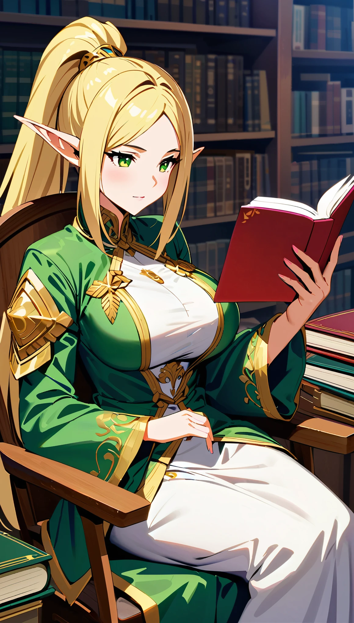 ((Fantasy art style)), (Elf Woman), One Woman, Very detailedな肌, (White mini skirt with gold embroidery), (Blonde high ponytail), (Shiny dark green eyes), (Green surcoat with gold embroidery), Big Breasts, (((Royal Capital National Library)), (A large space with lots of books)), sitting in a chair reading a book, Drop one&#39;s gaze to the book, Particles of light flying, Spirit Light, (Highest quality:1.2, Very detailed, Ultra-high resolution, masterpiece:1.2, Best aesthetics).