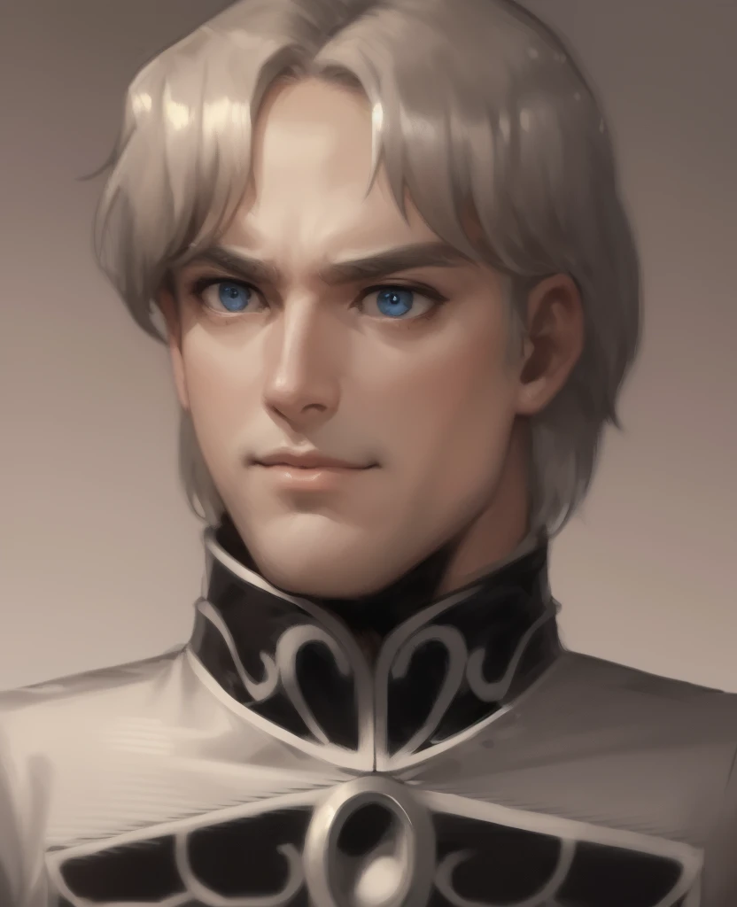 Illustration of a man, military uniform, an illustration inspired by Kanō Hōgai, Tumblr, romanticism, Wolfgang Mittermeyer, portrait, golden hair, the sandman from graphic novel, deep focus, wearing a high-collared uniform, a silver breastplate over a black tunic with intricate designs. The tunic is adorned with silver accents. The uniform features a structured fit, emphasizing his commanding presence. Has blue eyes, and his expression exudes confidence and authority. manly features, man, manly, strong gaze, mouth closed, mouth shut