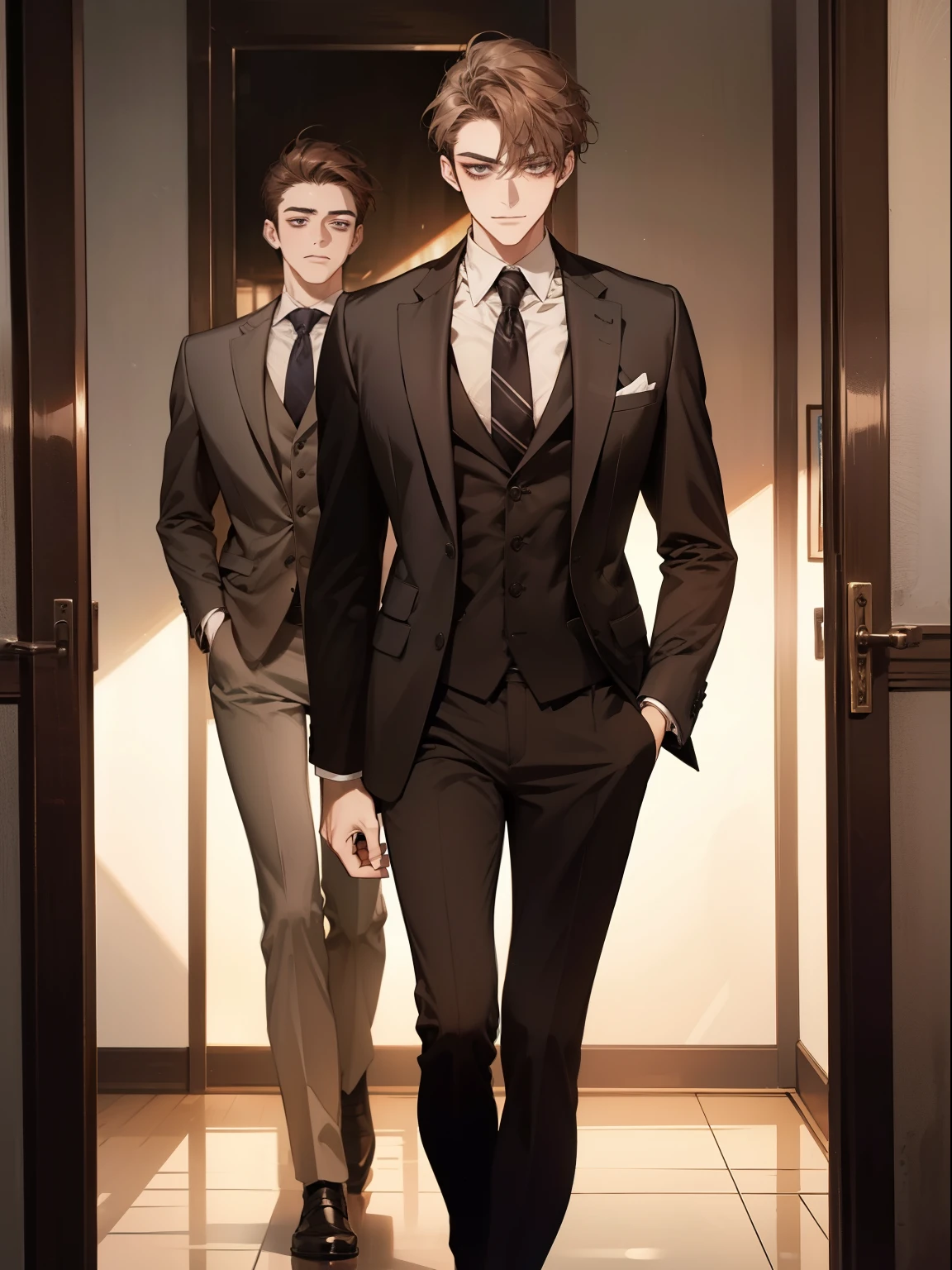 work of art, best qualityer, realisitic, 1 person, mature man, quiet and charming young man, age 25, serious look, cloused mouth, portraite, extreme detailed face, cold smile, ((dark gray eyes)), ((Straight Sweep Short Dark Brown Hair)), [thick eyebrows], ((Suit)), bonitas, lesbian full body, western, Jewish, light brown skin,Stand in front of the mirror，Organize your clothes