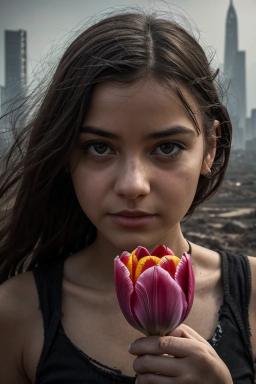 Closeup of a Young woman trying to touch a tulip flower, detailed face, detailed eyes, detailed lips, Create a dystopian landscape scene featuring a desolate, crumbling cityscape under a perpetually overcast sky. The air is thick with dust, and the skeletal remains of buildings dominate the background. In the foreground, a single vibrant tulip plant with one delicate flower grows from the crevice of a damaged building, standing out in striking contrast against the gray environment.A young girl in tattered clothing stands before the tulip, her face a mix of sadness, happiness, and surprise. Her wide, wonder-filled eyes reflect the bright color of the flower. She reaches out with trembling fingers, cautiously attempting to touch the petals. The overall atmosphere should evoke a sense of hope and despair, highlighting the beauty and fragility of life in a broken world