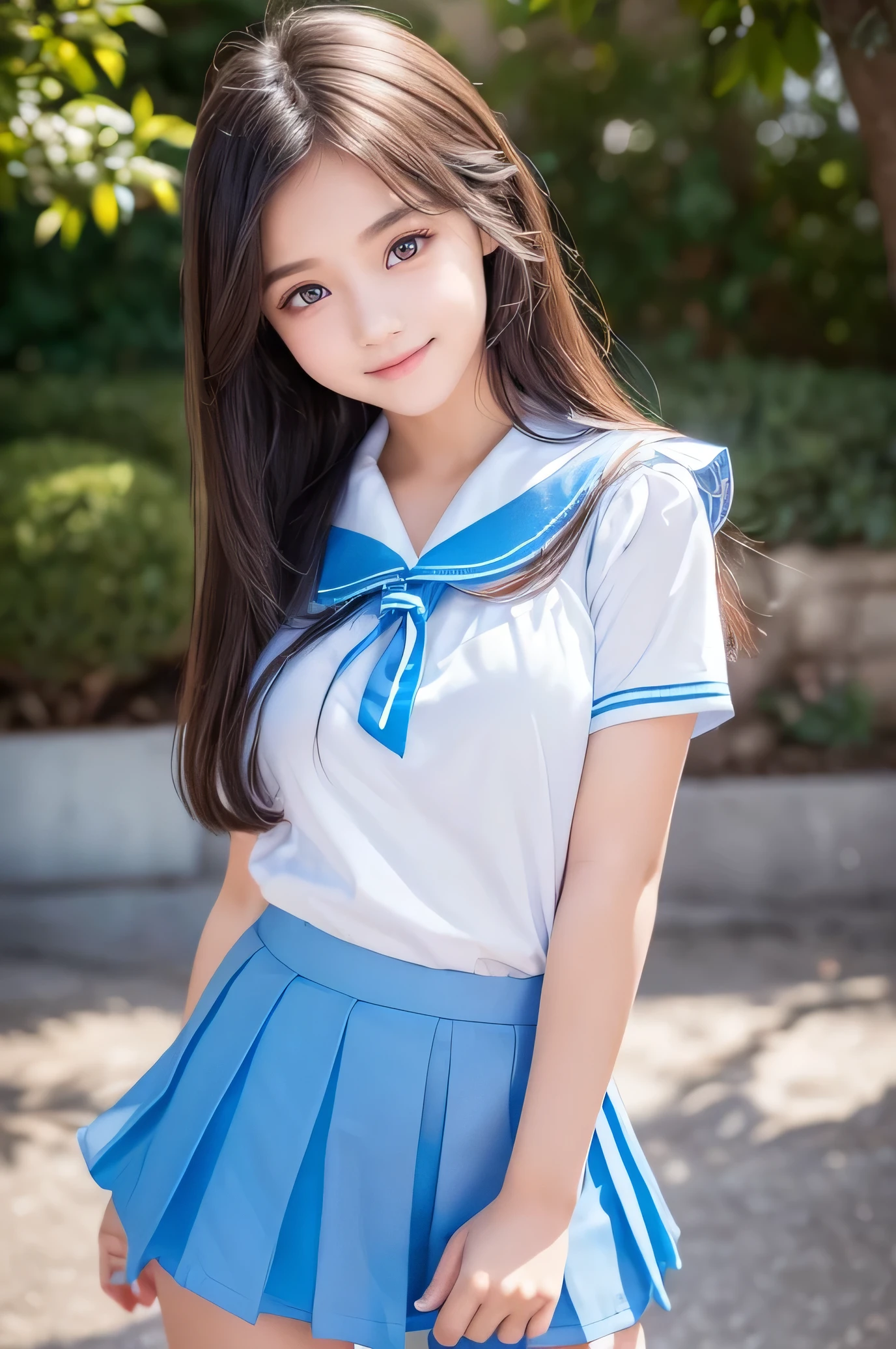 (Very beautiful cute girl), (very cute face:1.2),14 yo, (baby face),(sparking crystal clear attractive large eyes:1.2), Beautiful detailed eyes, Detailed double eyelids, (smiling), (realistic photograph:1.1), long straight hair,super shiny light blue sailor high-school uniforms ,super shiny light blue pleated skirt, light blue sailor collar high-school uniform