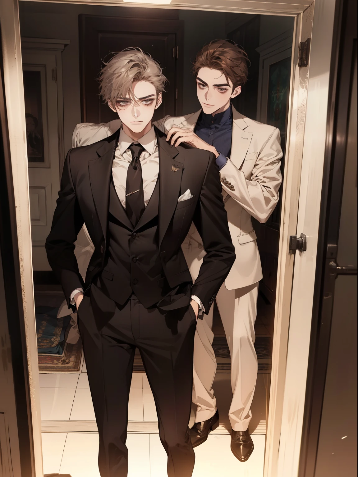 work of art, best qualityer, realisitic, 1 person, mature man, quiet and charming young man, age 25, serious look, cloused mouth, portraite, extreme detailed face, cold smile, ((dark gray eyes)), ((Straight Sweep Short Dark Brown Hair)), [thick eyebrows], ((Suit)), bonitas, lesbian full body, western, Jewish, light brown skin,Stand in front of the mirror，Organize your clothes