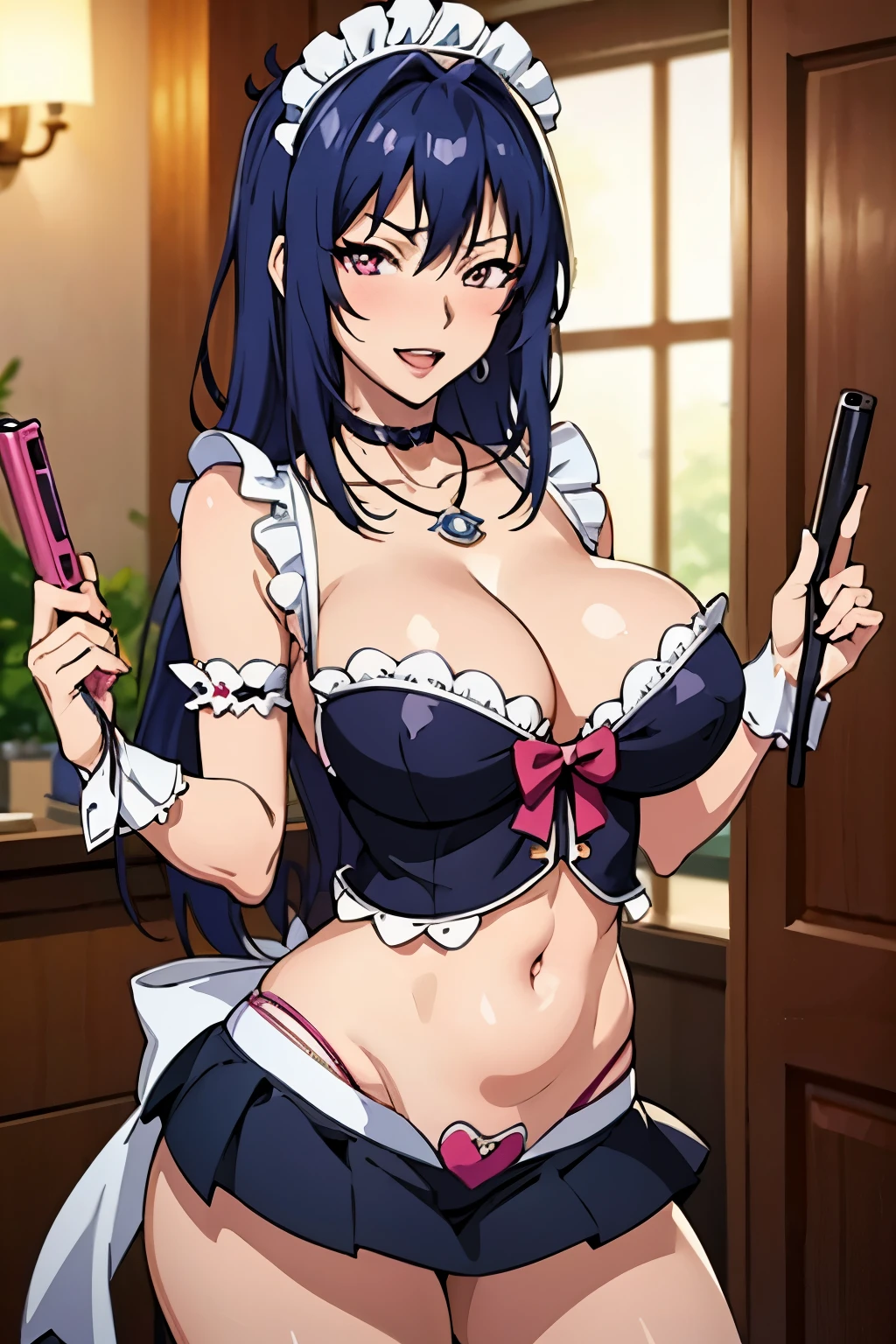 nijou aki, necklace, large breasts, choker, necklace, lipstick, blush, Hot girls, baddie, staring, glaring, bad attitude, mean girl, crazy, smoking, sensual, attractive, jewelry, earrings, complex detailed background, casino environment, fancy interior environment, rich
interior, masterpiece, best quality, highly detailed, a anime girl in maid uniforms, holding pistol, maid
outfit, cleavage, evil smile, smile, open mouth ,ecchi anime style, anime girls, ecchi style, ecchi, digital
anime art!!, in anime style, official artwork, (nsfw) not safe for work, beautiful anime maid girl, anime
style 4 k, micro skirt, exposed belly, exposed navel, exposed midriff, exposed lower belly, holding a gun,