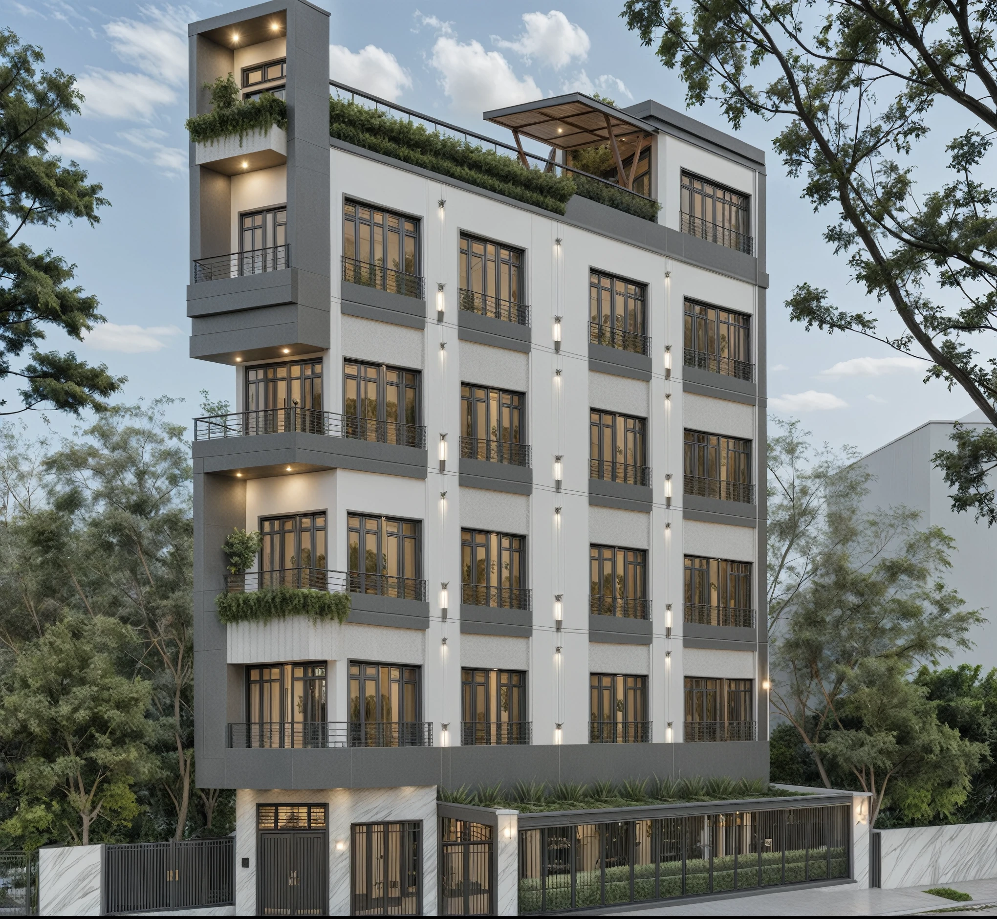 a rendering of a building with front balcony , exterior design, residential design, concept house, inter dimensional villa, front elevation view, modern lush condo as shopfront, architectural concept, complete house, elevation view, overall architectural design, comprehensive 2 d render, residential, front-view, realistic material, industrial style, industrial architectural style, prefabricated house fence, MAIN DOOR IS IN THE FRONT, have driveway