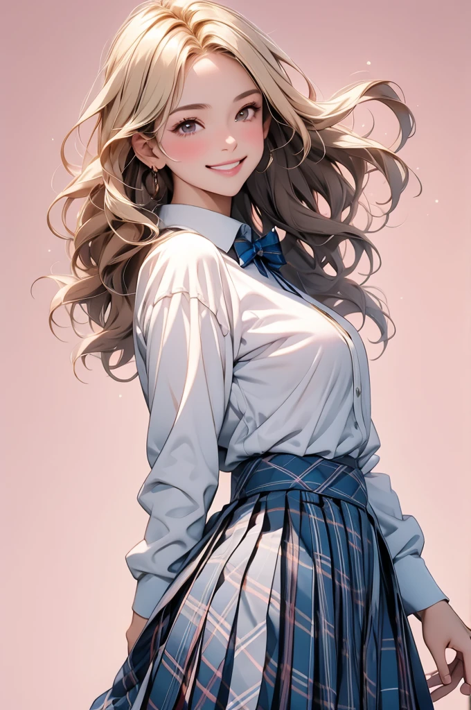 high resolution,smile,happy,light smile,woman,woman1人,adult,Clear,cute, Blonde Hair,BREAK, Brown eyes,BREAK,wavy hair,long hair,BREAK, high school girl,uniform,White Y-shirt,Long sleeve Y-shirt,BREAK, Dark blue plaid skirt,Pleated skirt,BREAK,glitter hair pin, Facing forward,BREAK,Pink background,