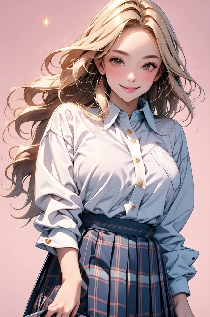 high resolution,smile,happy,light smile,woman,woman1人,adult,Clear,cute, Blonde Hair,BREAK, Brown eyes,BREAK,wavy hair,long hair,BREAK, high school girl,uniform,White Y-shirt,Long sleeve Y-shirt,BREAK, Dark blue plaid skirt,Pleated skirt,BREAK,glitter hair pin, Facing forward,BREAK,Pink background,