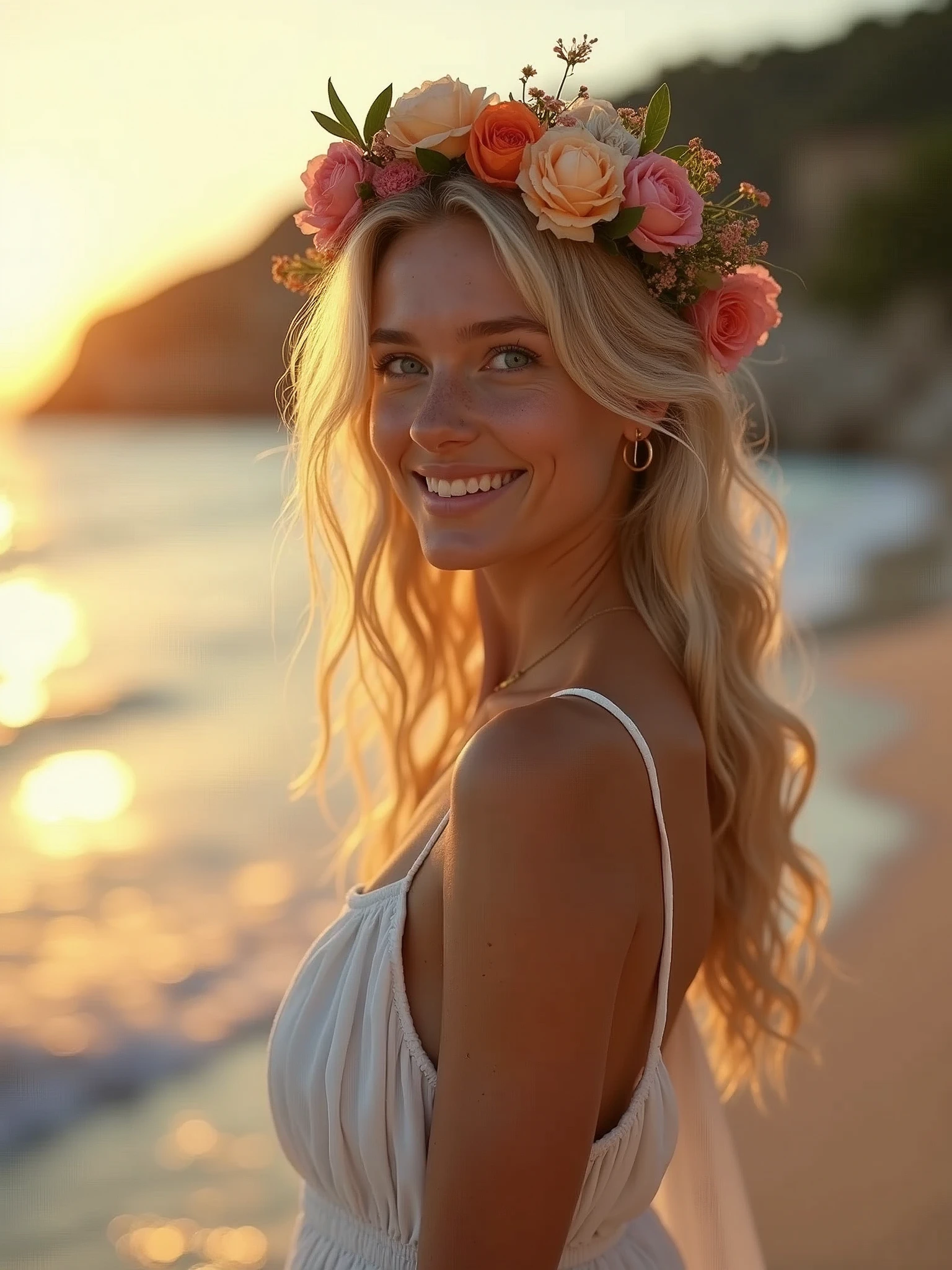 ((masterpiece, 8K, best quality, high resolution:1.3)), (a young woman with very light blonde, wavy, long, and flowing hair:1.2), (her eyes are very light green:1.2), (her face is perfect with delicate features:1.2), (she has thick eyebrows:1.2), (freckles are scattered across her face:1.2), (she is wearing a beautiful white dress from Ancient Greece:1.2), (on her head is a lovely tiara made of various colorful flowers:1.2), (she is on a Greek island walking along the beach at sunset:1.2), (the image captures her from the waist up:1.2), (her body is perfect and slender:1.2), (she is smiling for the photo:1.4), (bokeh effect in the photo:1.2), (vignette effect:1.2), (Canon EOS 5DS R camera, perfect for capturing the detail and beauty of the scene:1.2), (paired with the Canon EF 85mm f/1.4L IS USM lens:1.2), (the scene is bathed in soft, warm sunset light:1.2), (her confident and graceful pose showcasing her natural elegance:1.2), (a moment frozen in time, capturing the essence of Greek beauty and serenity:1.3), (ultra photorealistic, highlighting her features and the idyllic beach setting:1.3), (an image that transports viewers to a captivating and romantic moment:1.2), (a scene that exemplifies the beauty of the human form in a timeless setting:1.2), (((sfw))), Cinematic, Hyper-detailed, insane details, Beautifully color graded, Cinematic Lightning, Insanely detailed and intricate, Hyper maximalist, Volumetric, Full color, HDR, shallow depth of field, high budget Hollywood film, cinemascope, moody, epic, gorgeous